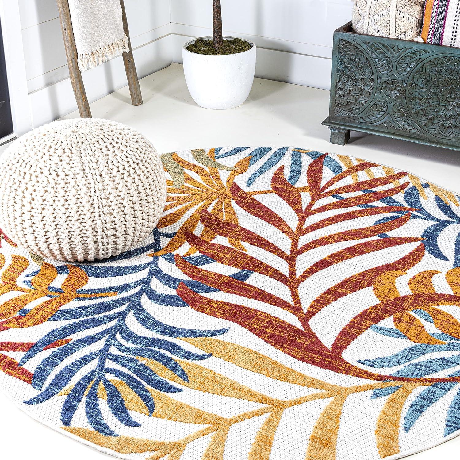 5' Round Tropics Palm Leaves Indoor/Outdoor Area Rug, Cream/Orange - JONATHAN Y