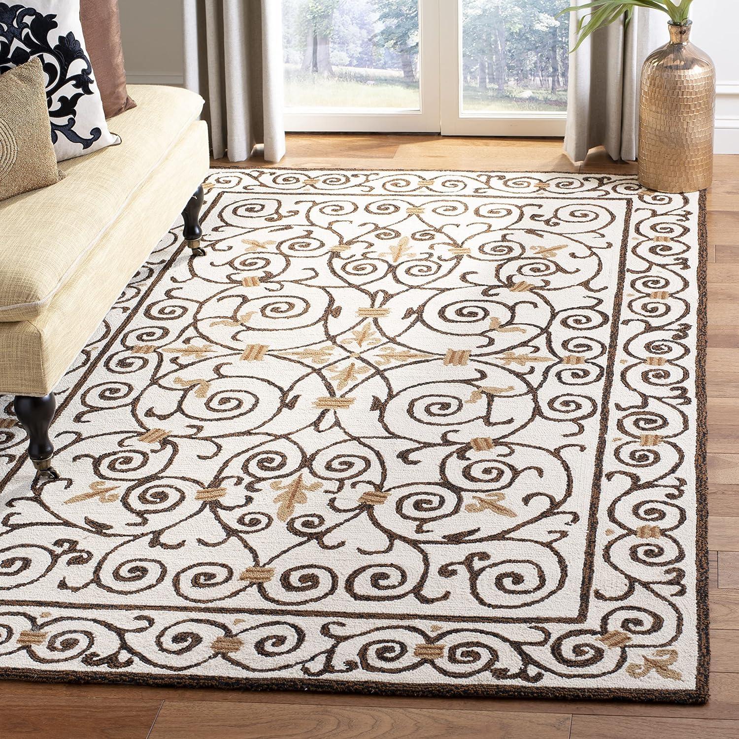 Ivory and Dark Brown Hand-Hooked Wool Area Rug