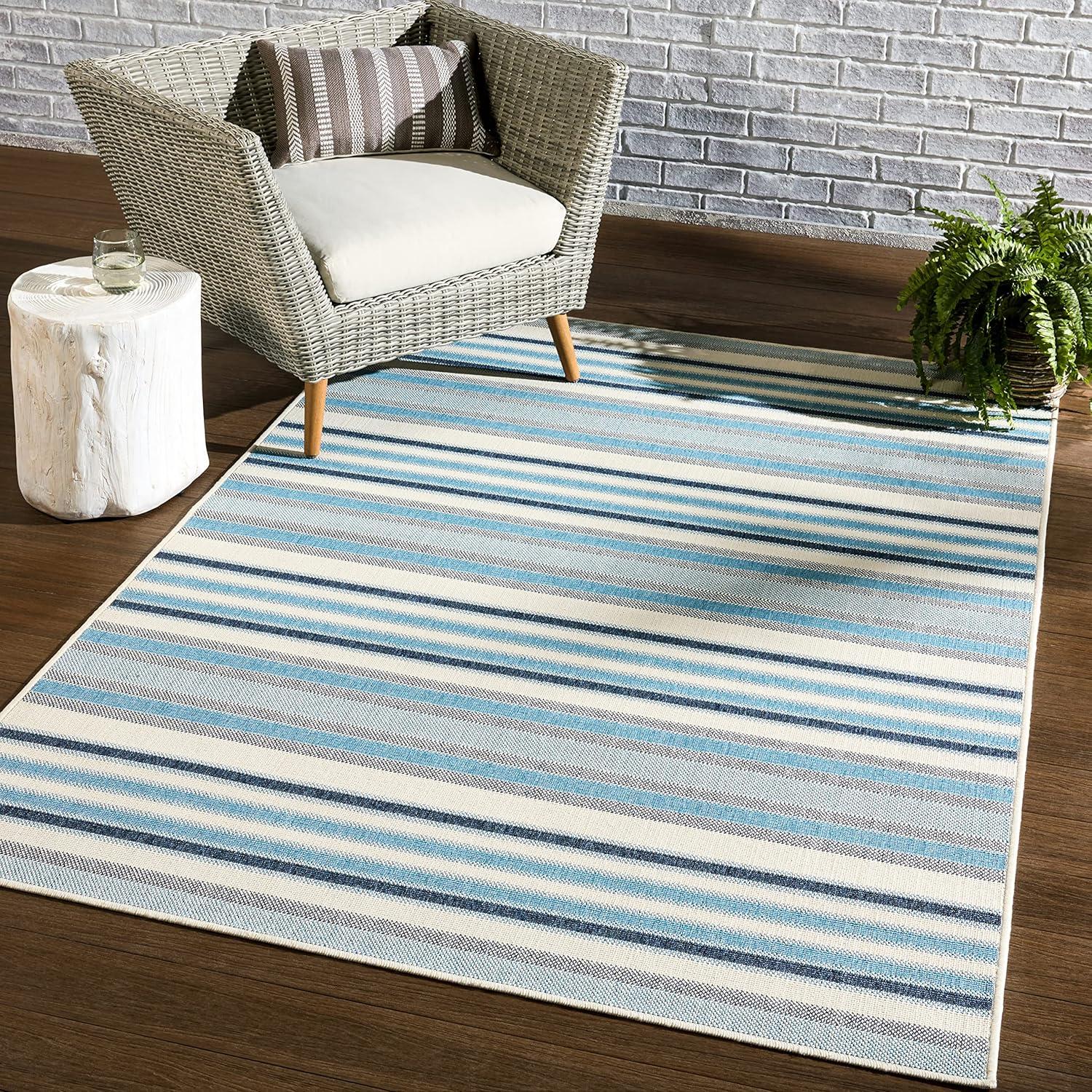 Coastal Stripe Blue and Cream 9' x 12' Synthetic Area Rug