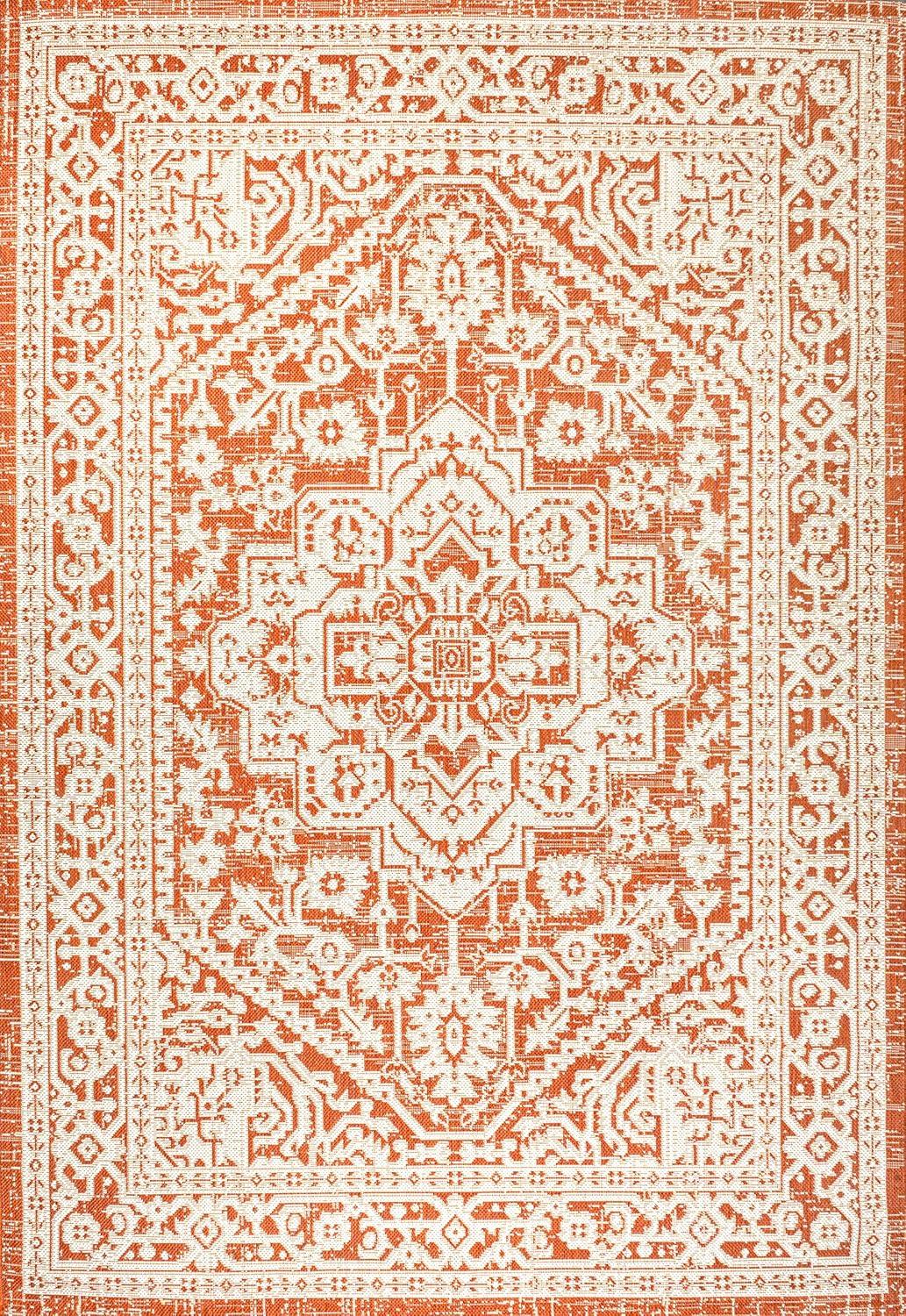 3' x 5' Sinjuri Medallion Textured Weave Indoor/Outdoor Area Rug, Orange/Cream - JONATHAN Y