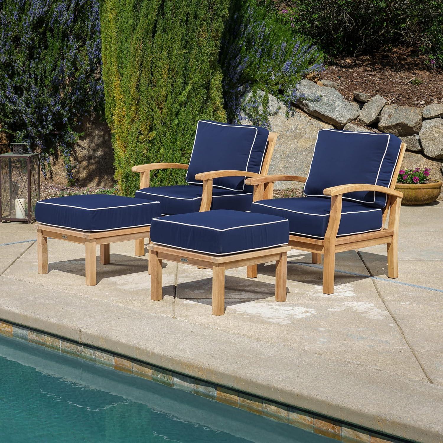 Jakarta Teak 4 Piece Club Chair and Ottoman Set with 2 Club Chairs and 2 Ottomans, Navy Cushions