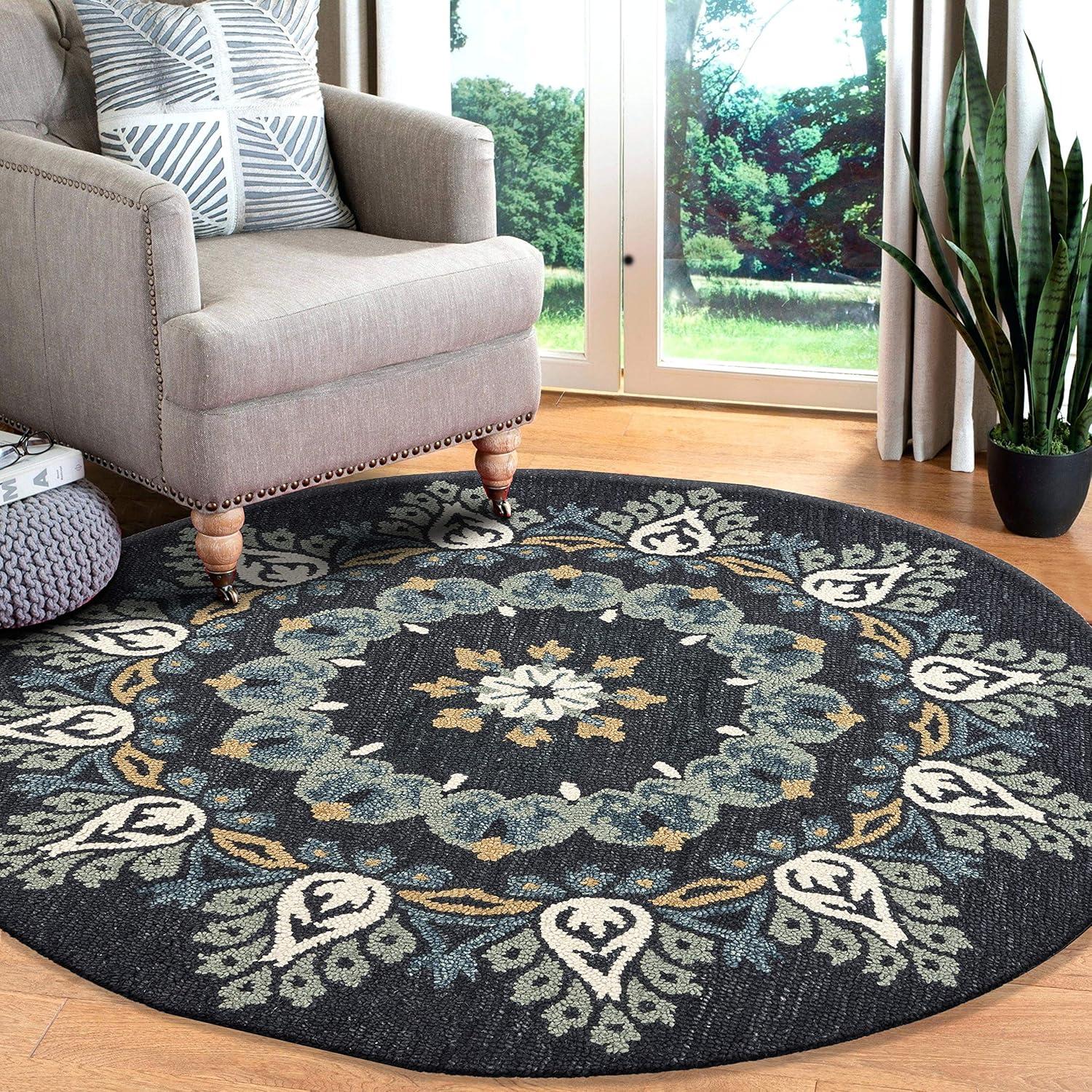 Handmade Gray Floral Wool Round Area Rug, 4 Feet