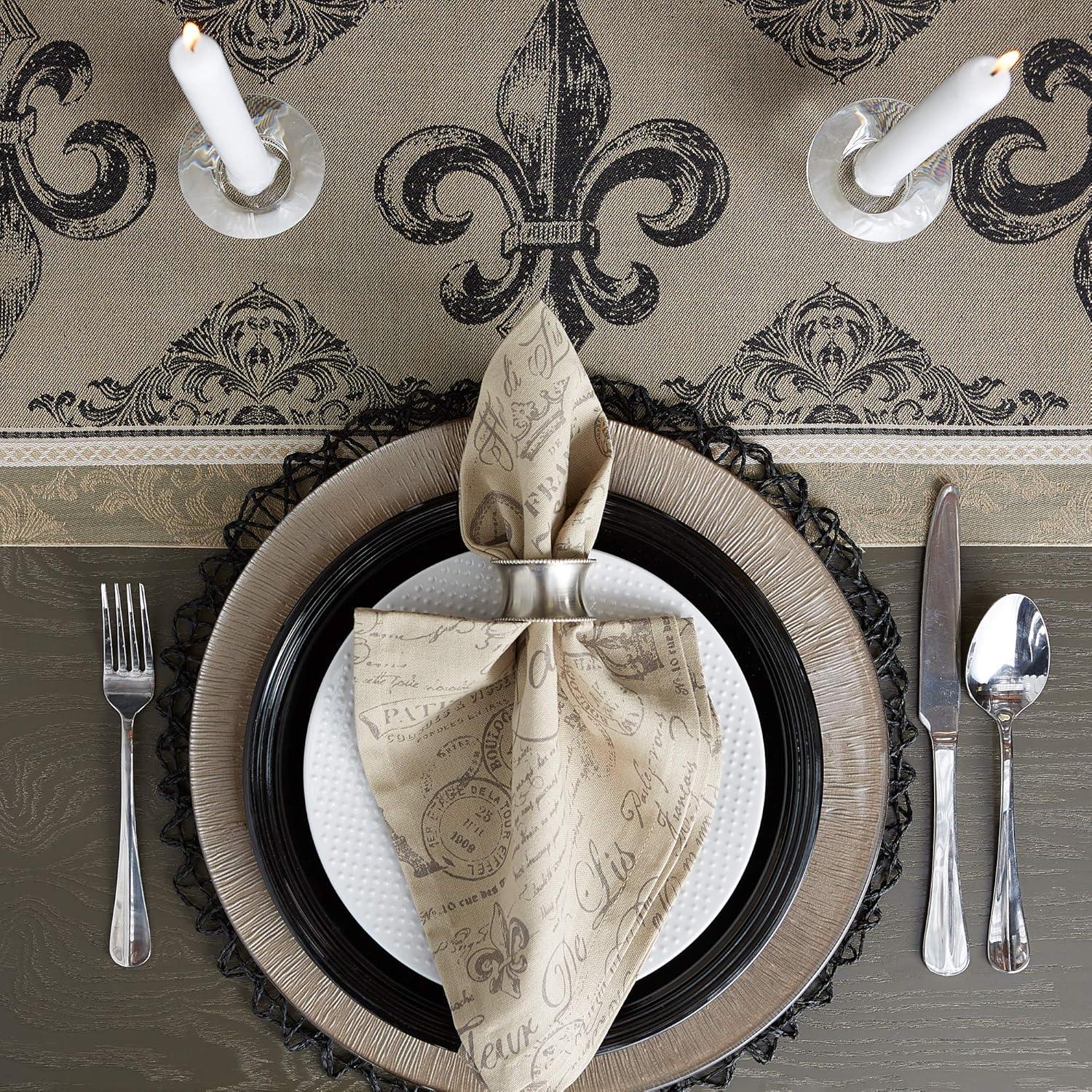 Beige and Black Cotton Fleur De Lis Jacquard Table Runner