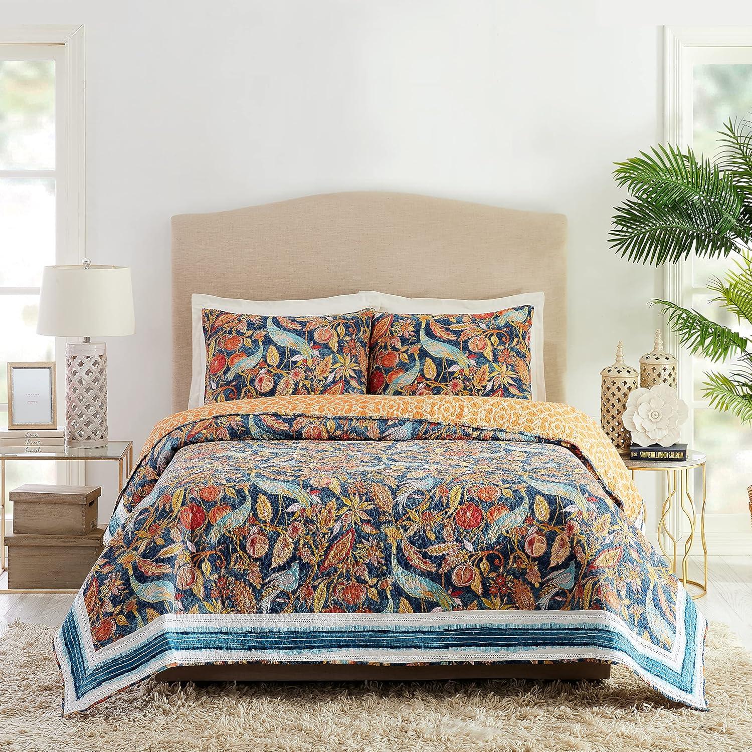 King Size Blue Cotton Reversible Quilt Set