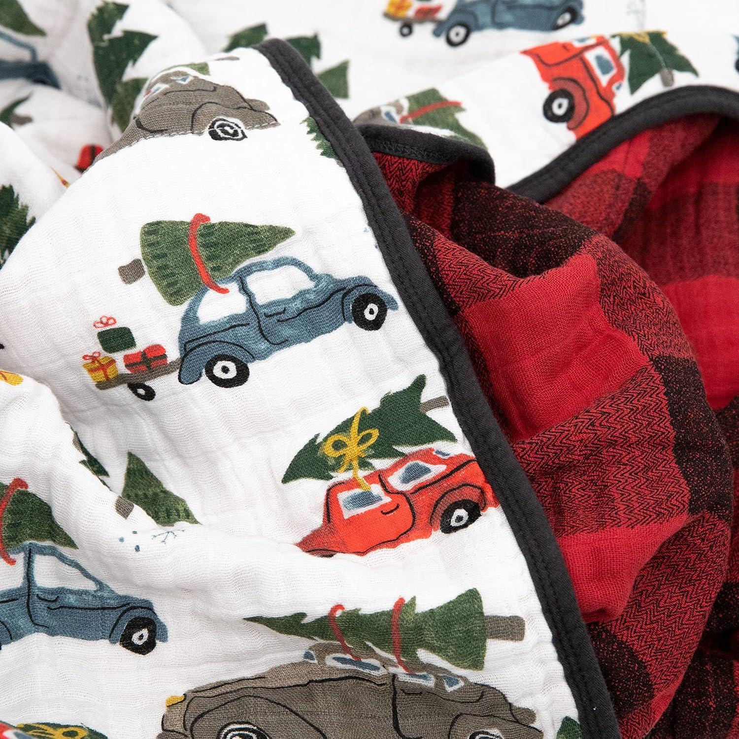 Holiday Haul Cotton Muslin Baby Quilt with Red Trucks