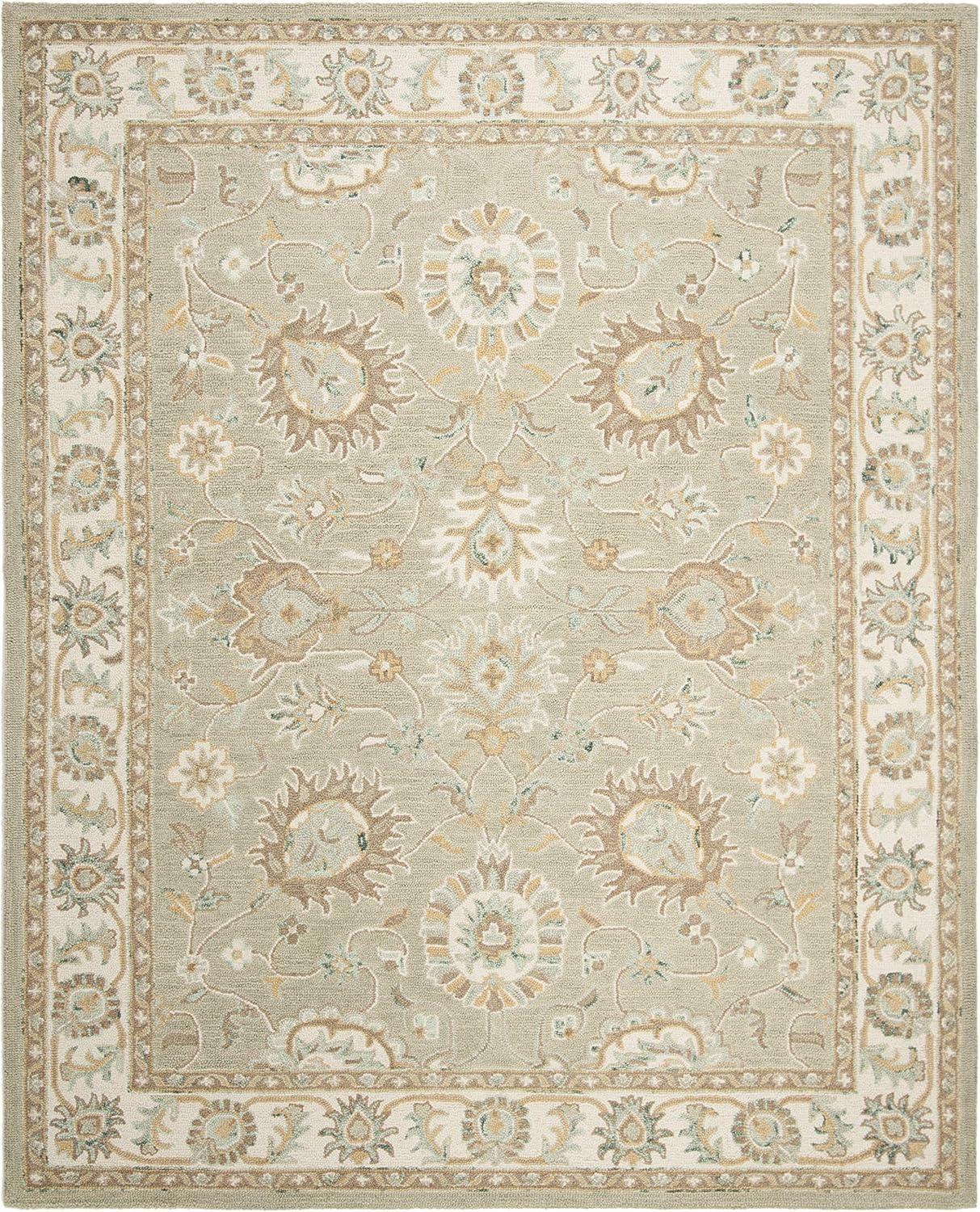 Ivory and Sage Floral Hand-Tufted Wool Square Area Rug