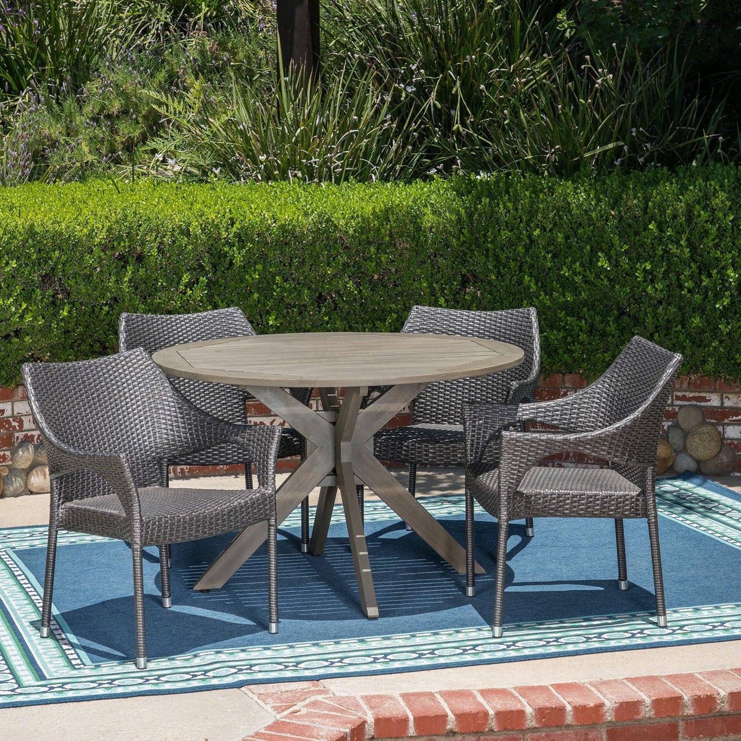 Gray 5-Piece Acacia Wood and Wicker Outdoor Dining Set