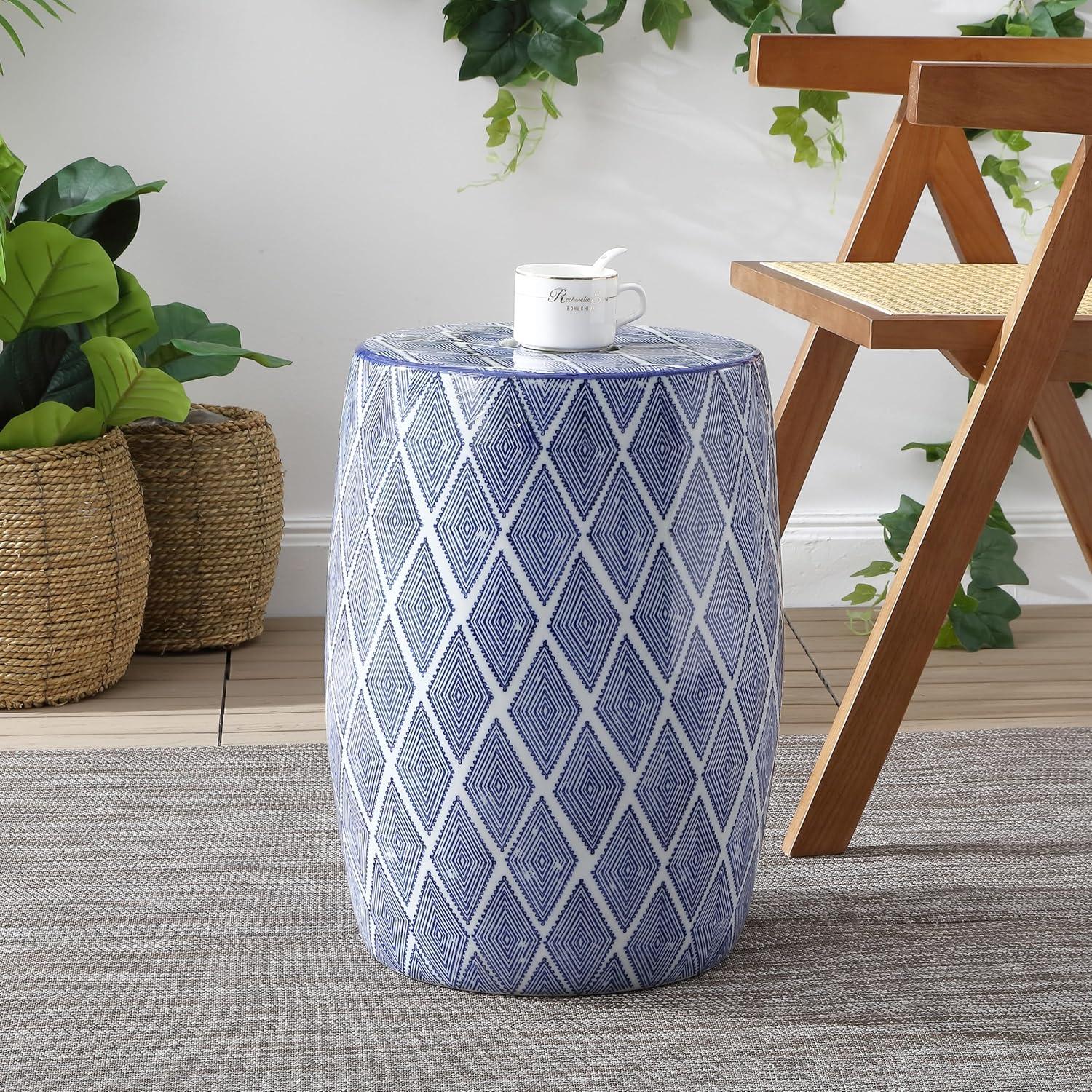 Moroccan Diamonds 18" Ceramic Drum Garden Stool, Blue/White - JONATHAN Y