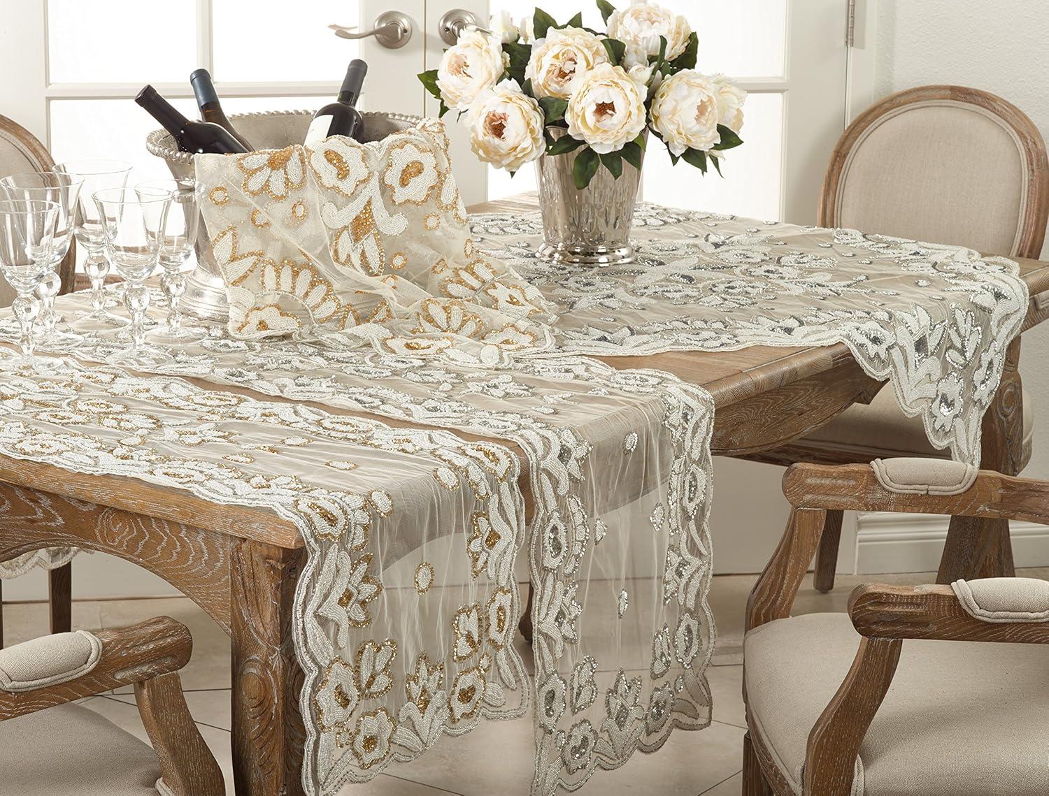 Saro Lifestyle Saro Lifestyle Hand-Beaded Table Runner With Floral Design