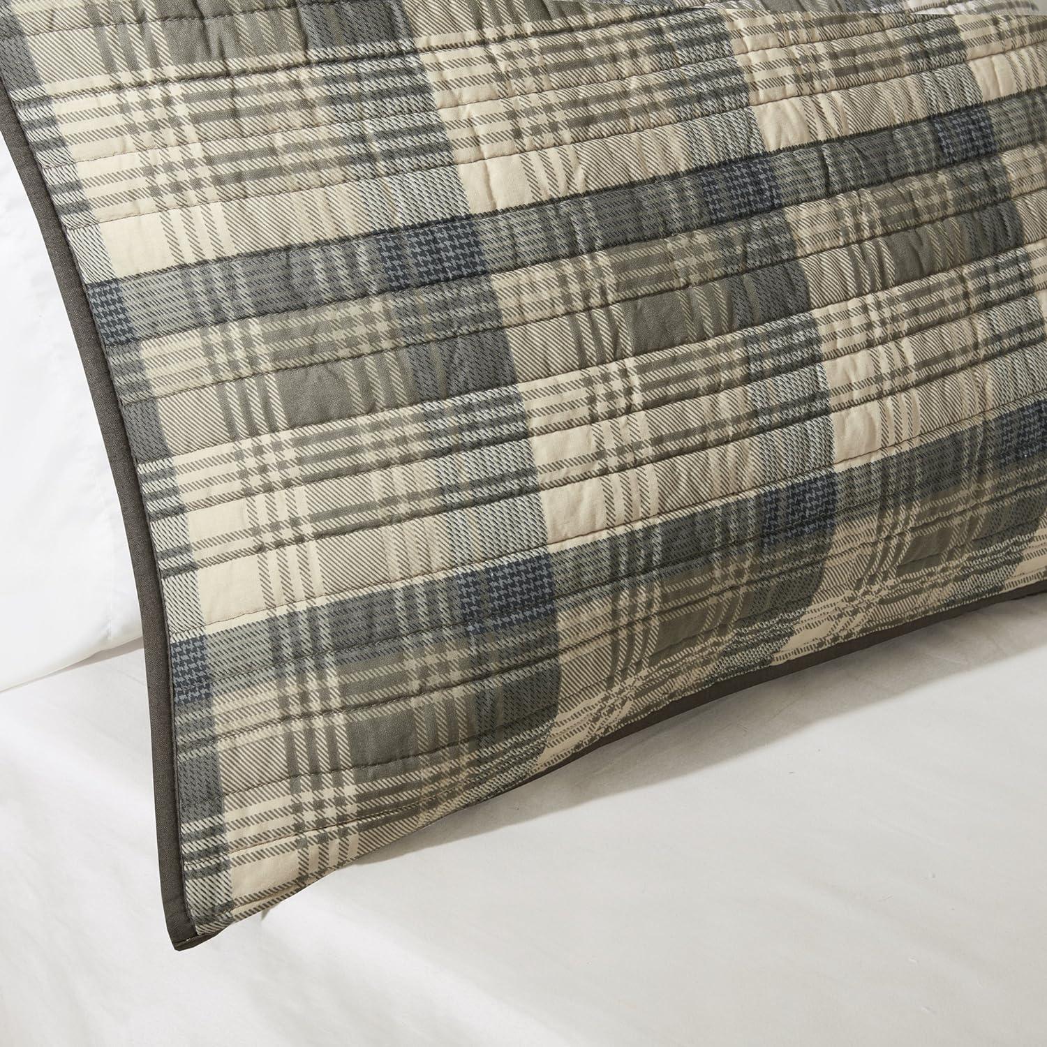 Tan and Brown Plaid Reversible Cotton Full Quilt Set