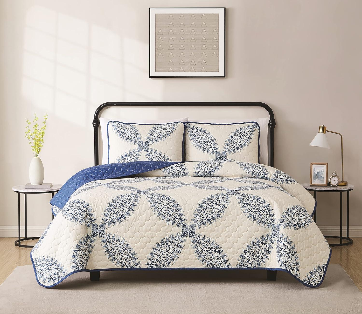 Cannon 2pc Twin/Twin Extra Long Abigail Quilt Bedding Set White/Blue: Microfiber, Paisley Pattern, Machine Washable