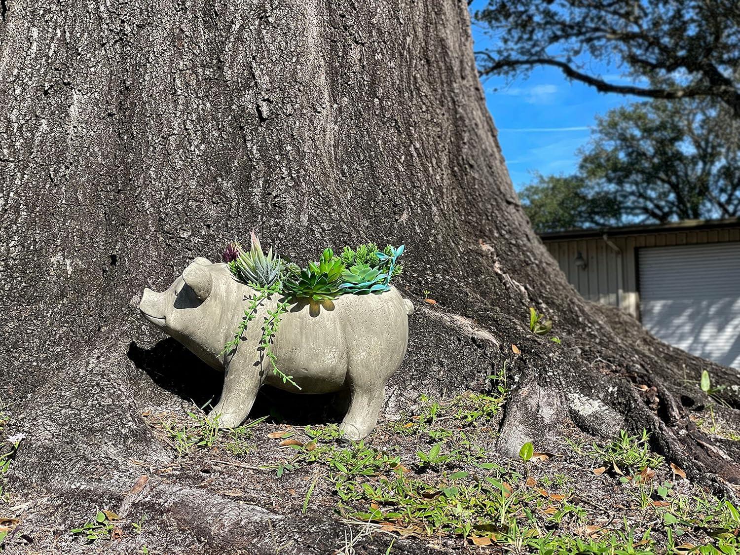 Zeckos Weathered Gray Resin Smiling Pig Planter Outdoor Décor 17 inch