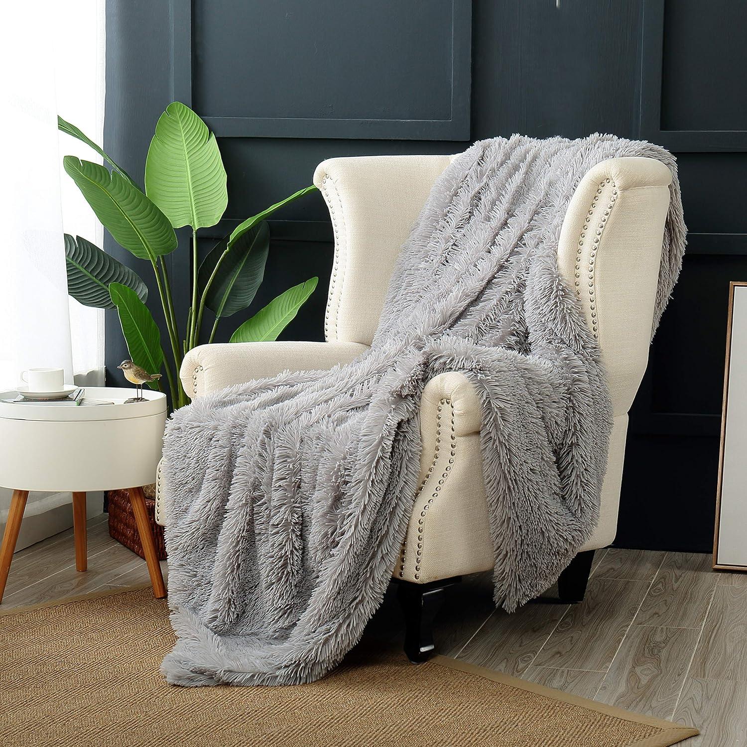 Luxurious Shaggy Grey Faux Fur 60"x70" Oversized Throw Blanket