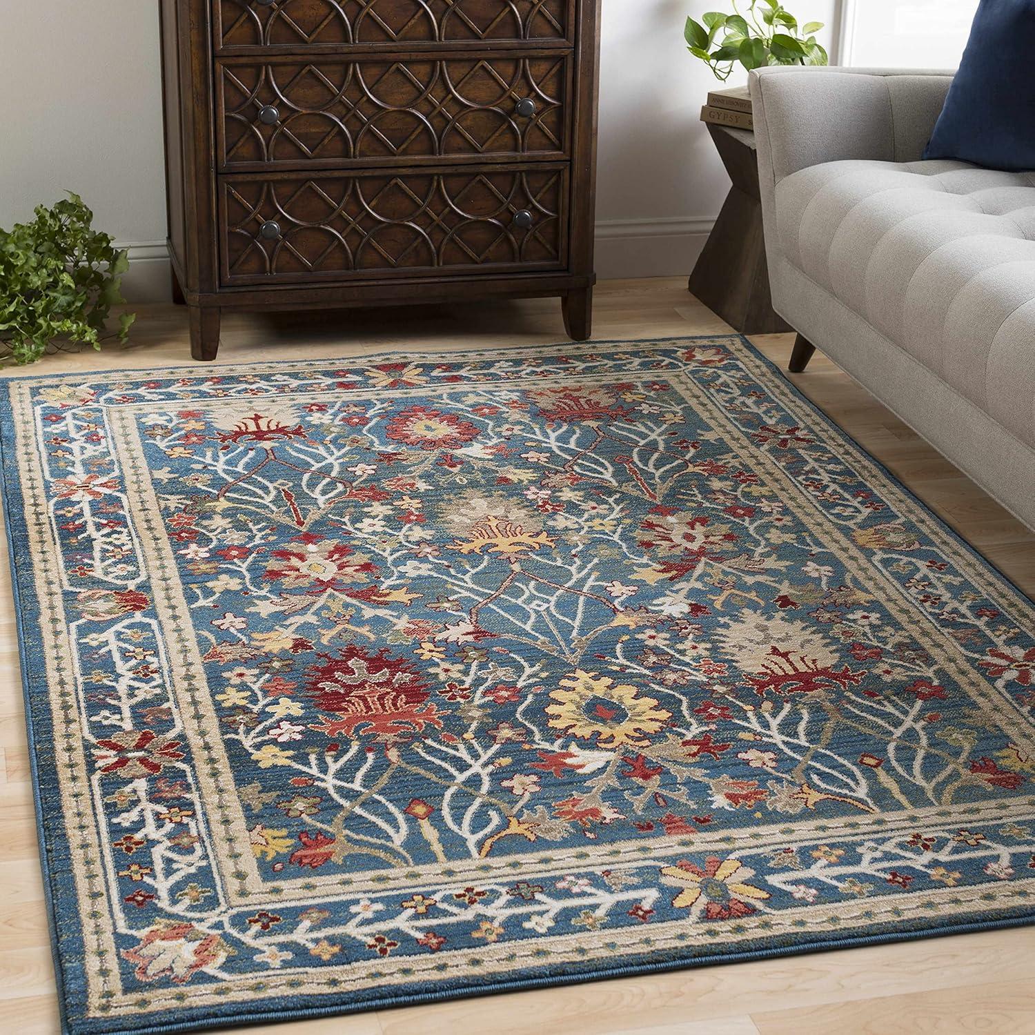 BoutiqueRugs Branford Traditional Floral Bordered Area Rug - Oriental Damask Patterned Carpet for Living Room, Bedroom, Dining Room - Navy, Blue, Green, Red, White - 5'1" x 7'5" (5x7 Area Rug)