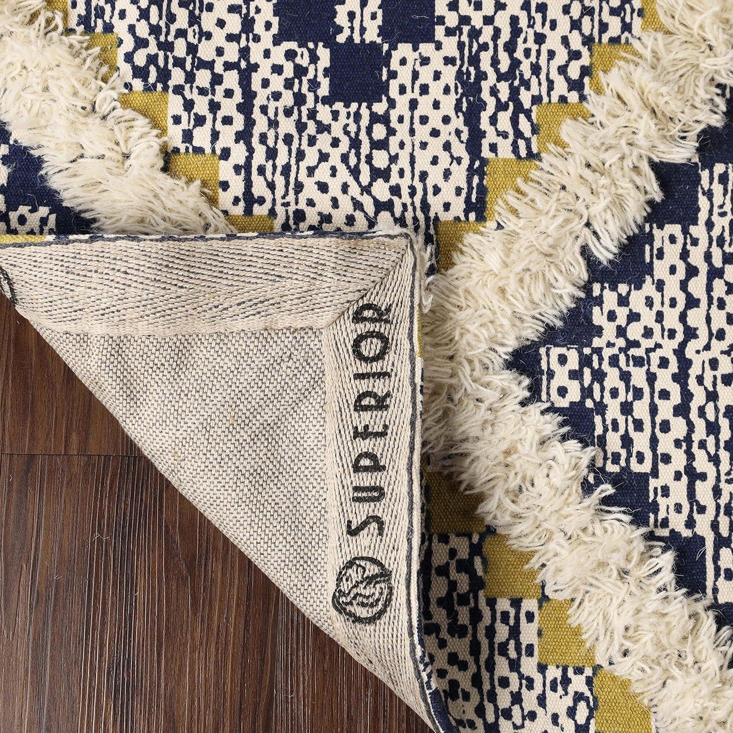 Superior Evren Hand-Tufted Cotton/Wool Textured Geometric Gold/Navy Blue Farmhouse Area Rug, 6' x 9'