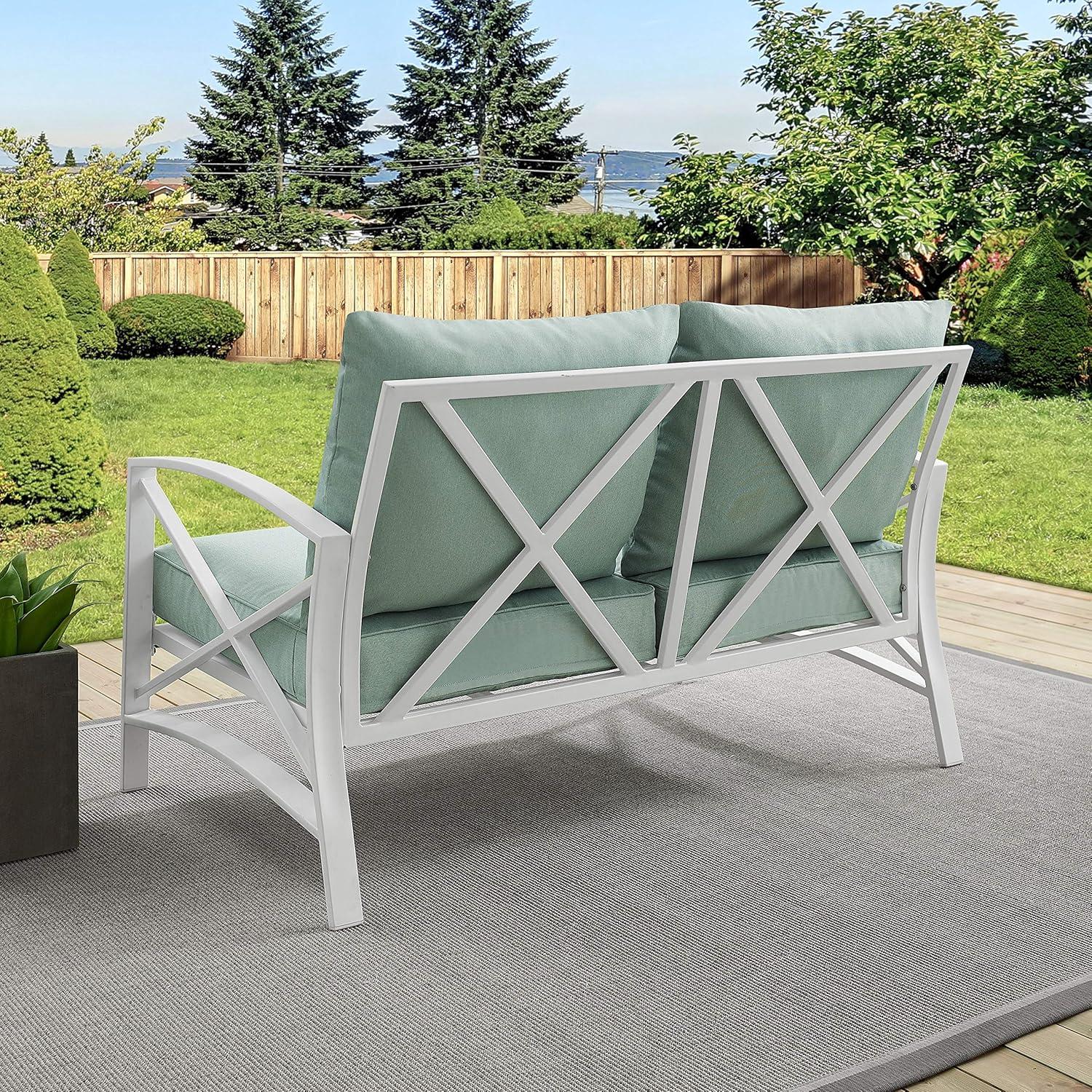 Kaplan Loveseat White/Teal - Crosley: UV-Resistant, Padded Outdoor Sofa with Steel Frame, Seats 2
