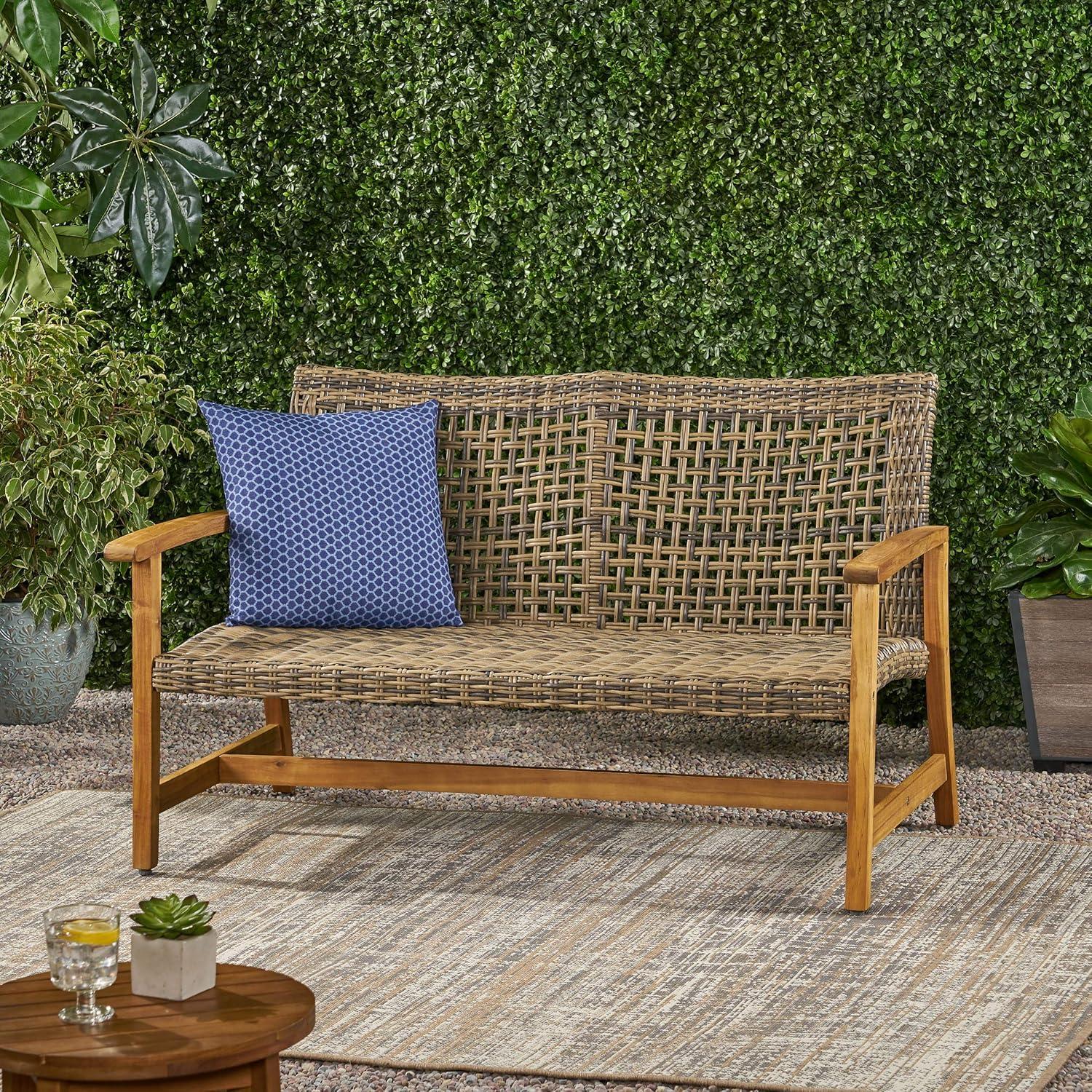 GDFStudio Jean Outdoor Acacia Wood and Wicker Loveseat, Brown