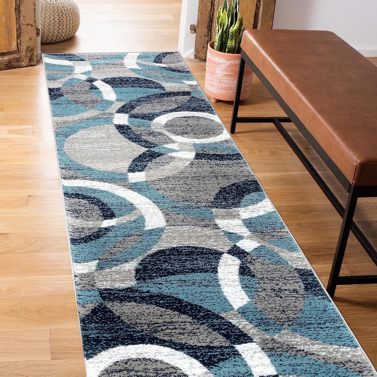 World Rug Gallery Geometric Circles Blue 2' x 7' Runner Rug