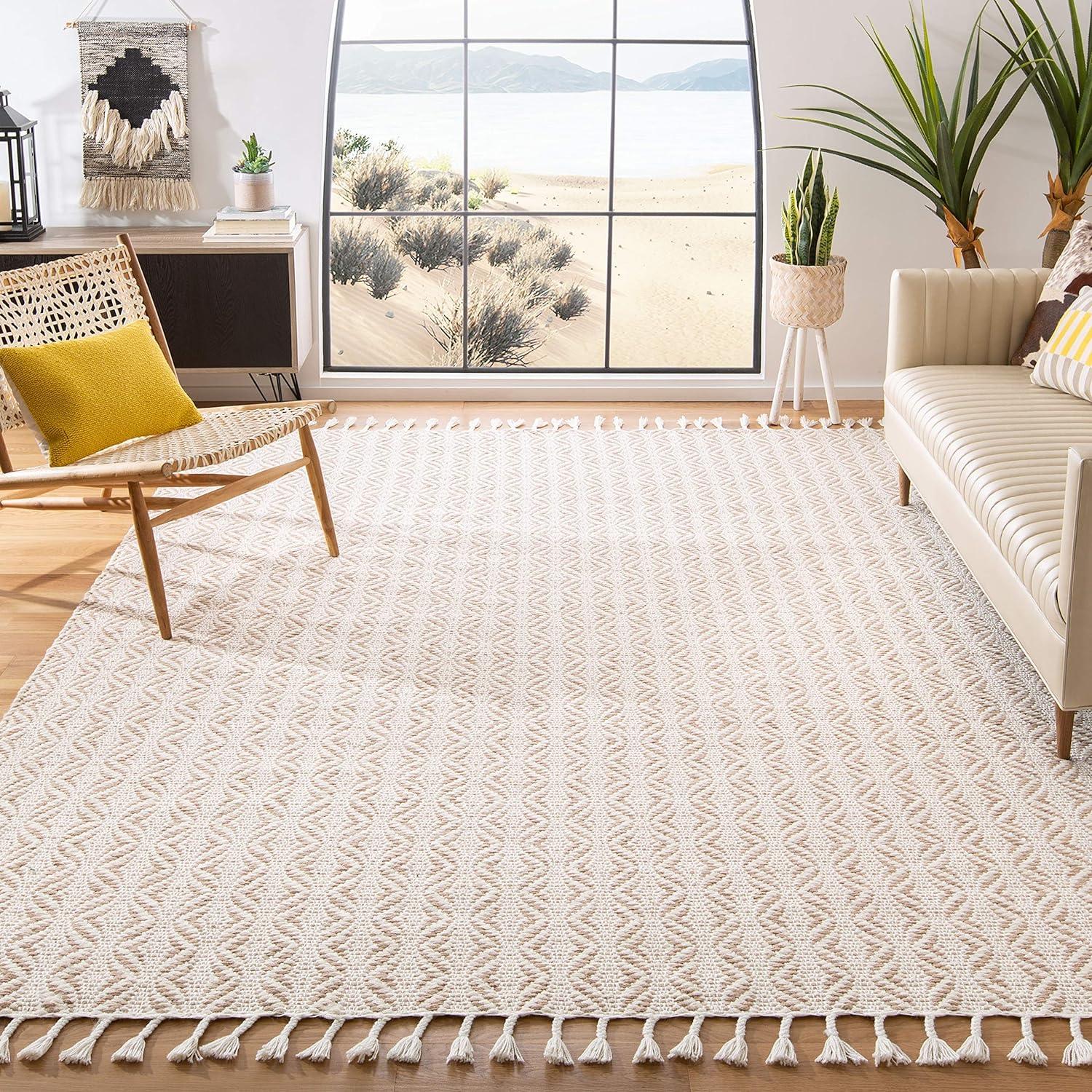 Beige Flat Woven Handmade Wool Area Rug, 9' x 12'