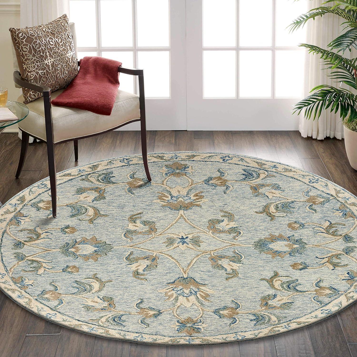 Hand-Tufted Victorian Floral Bloom Round Rug in Blue/Cream Wool