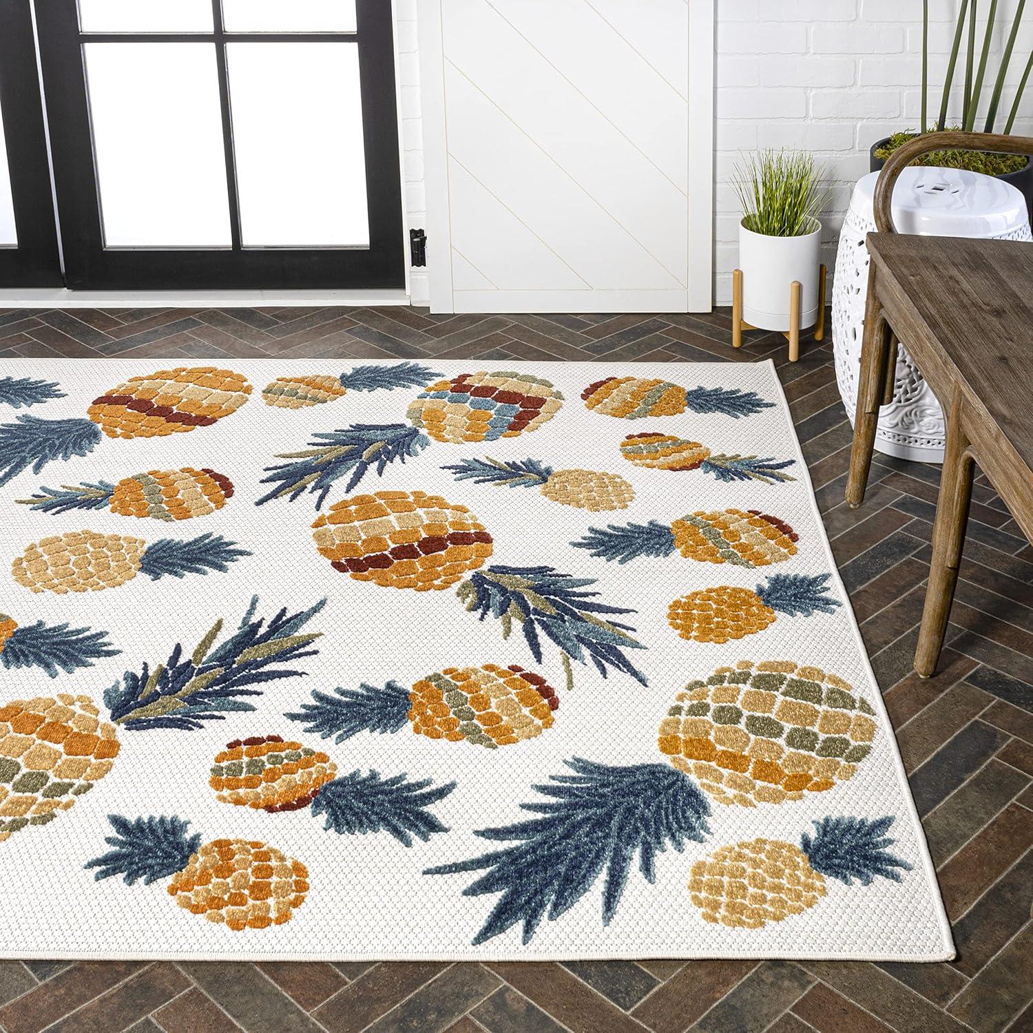 3' x 5' Ananas Bold Pineapple High-Low Indoor/Outdoor Area Rug, Orange/Navy - JONATHAN Y