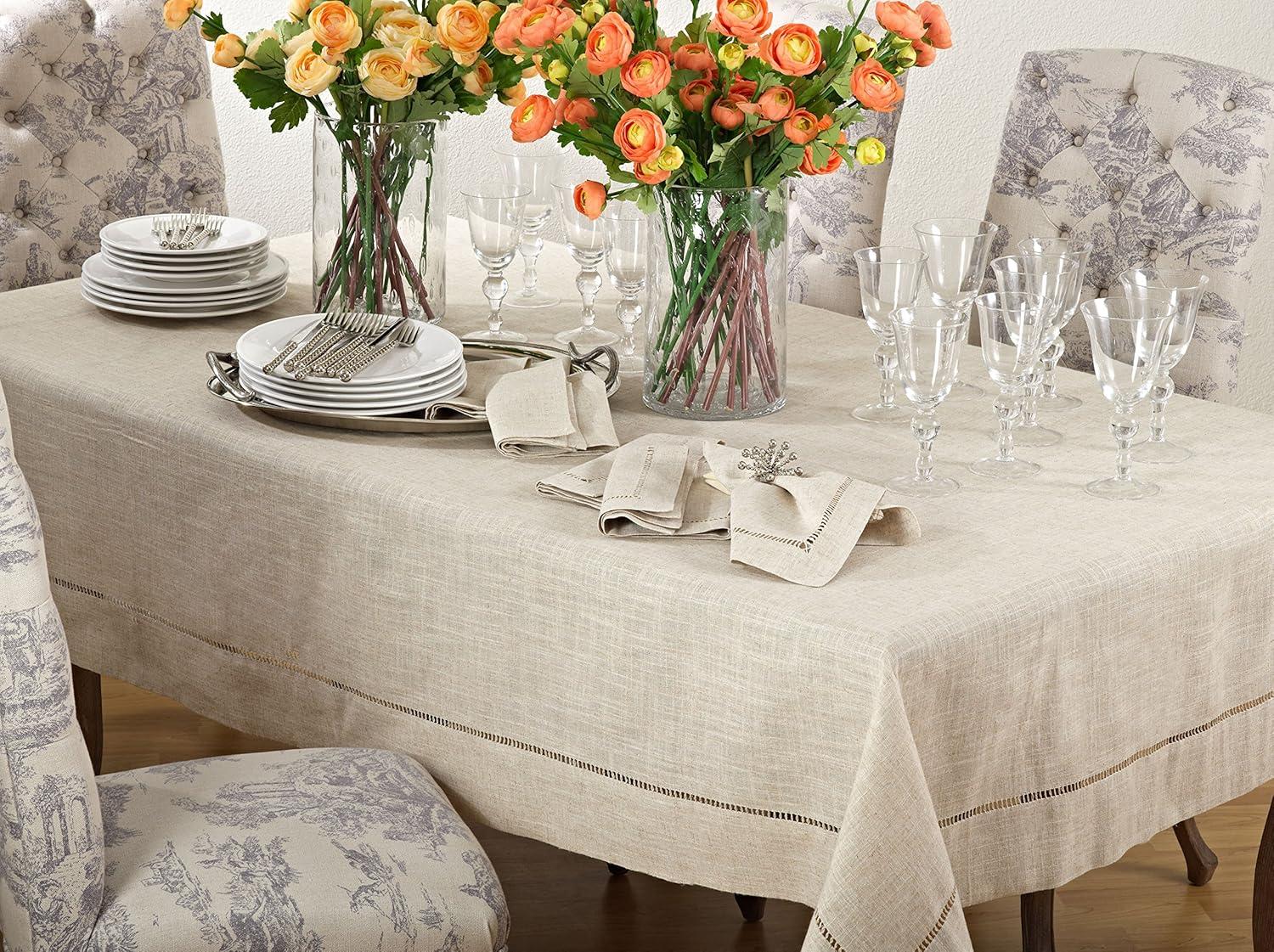 Saro Lifestyle Natural Toscana Tablecloth With Hemstitched Border, Natural, 65" x 104"