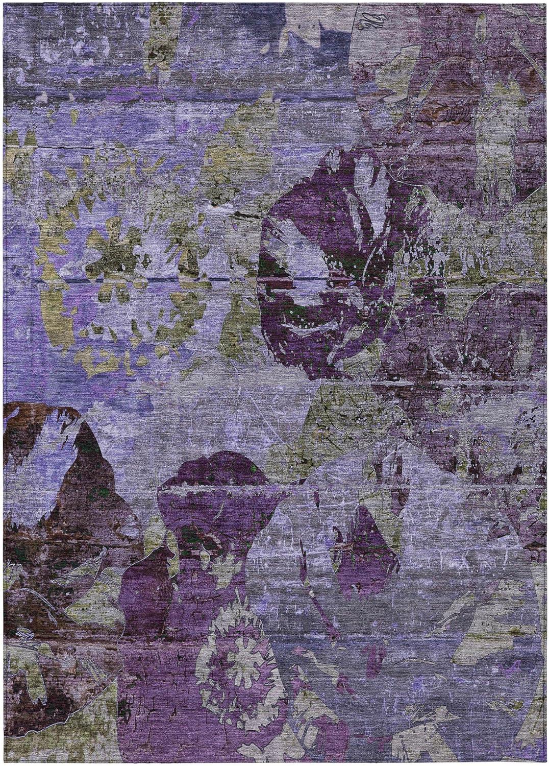 Purple Floral Pattern Washable Synthetic 10' x 14' Area Rug