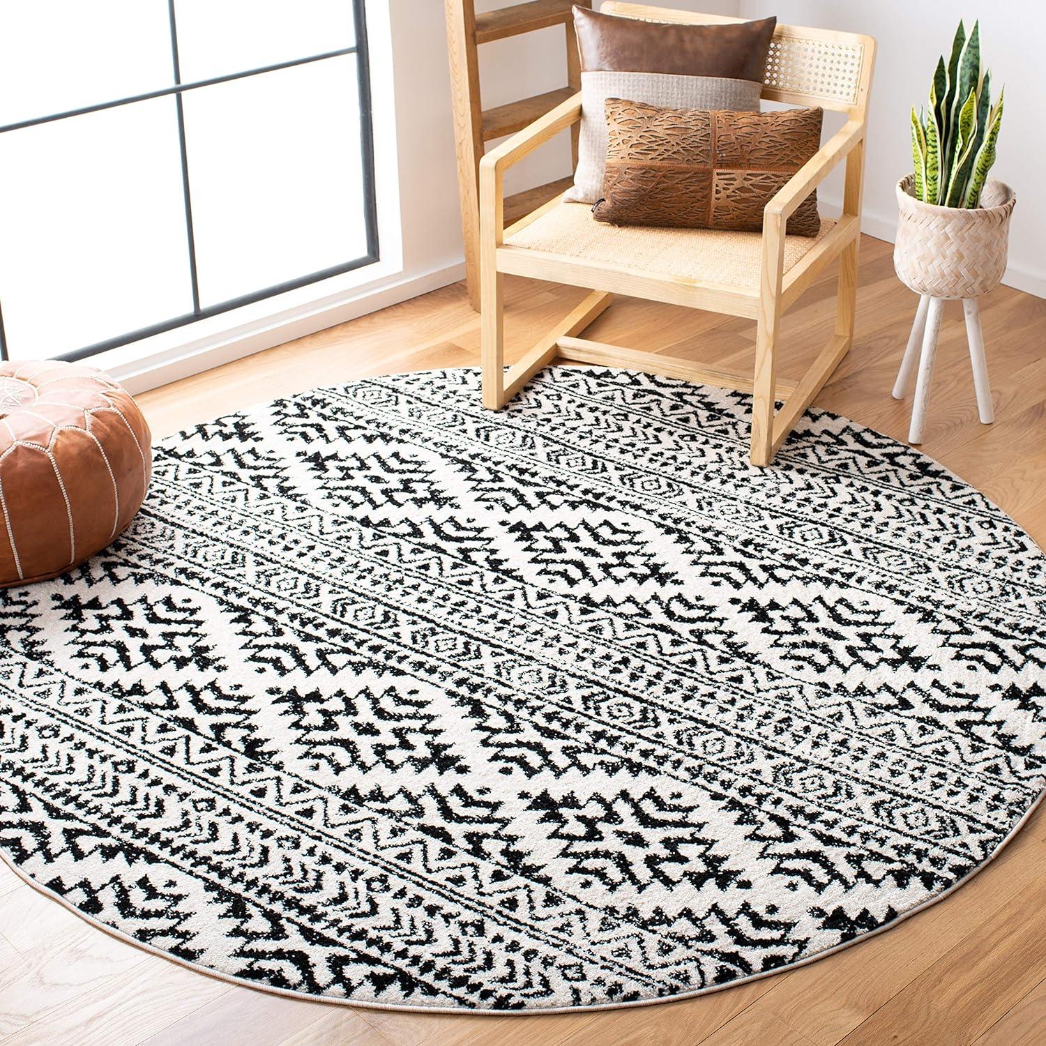 Ivory & Black Moroccan Boho 4' Round Synthetic Area Rug