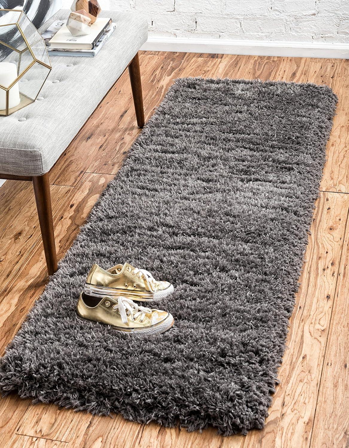 Slate Gray Synthetic Shag Runner Rug for Kids