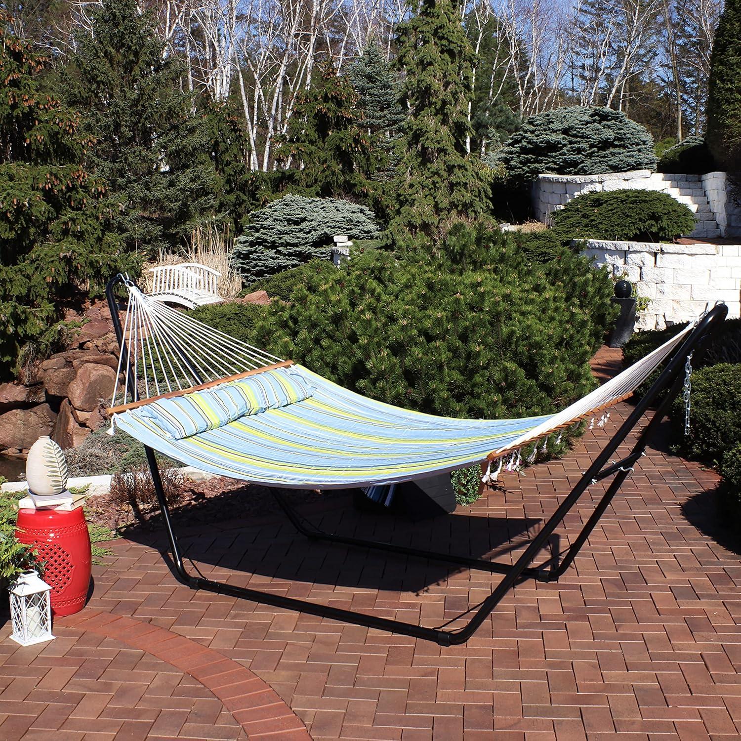 Blue and Green Quilted Fabric Double Hammock with Steel Stand