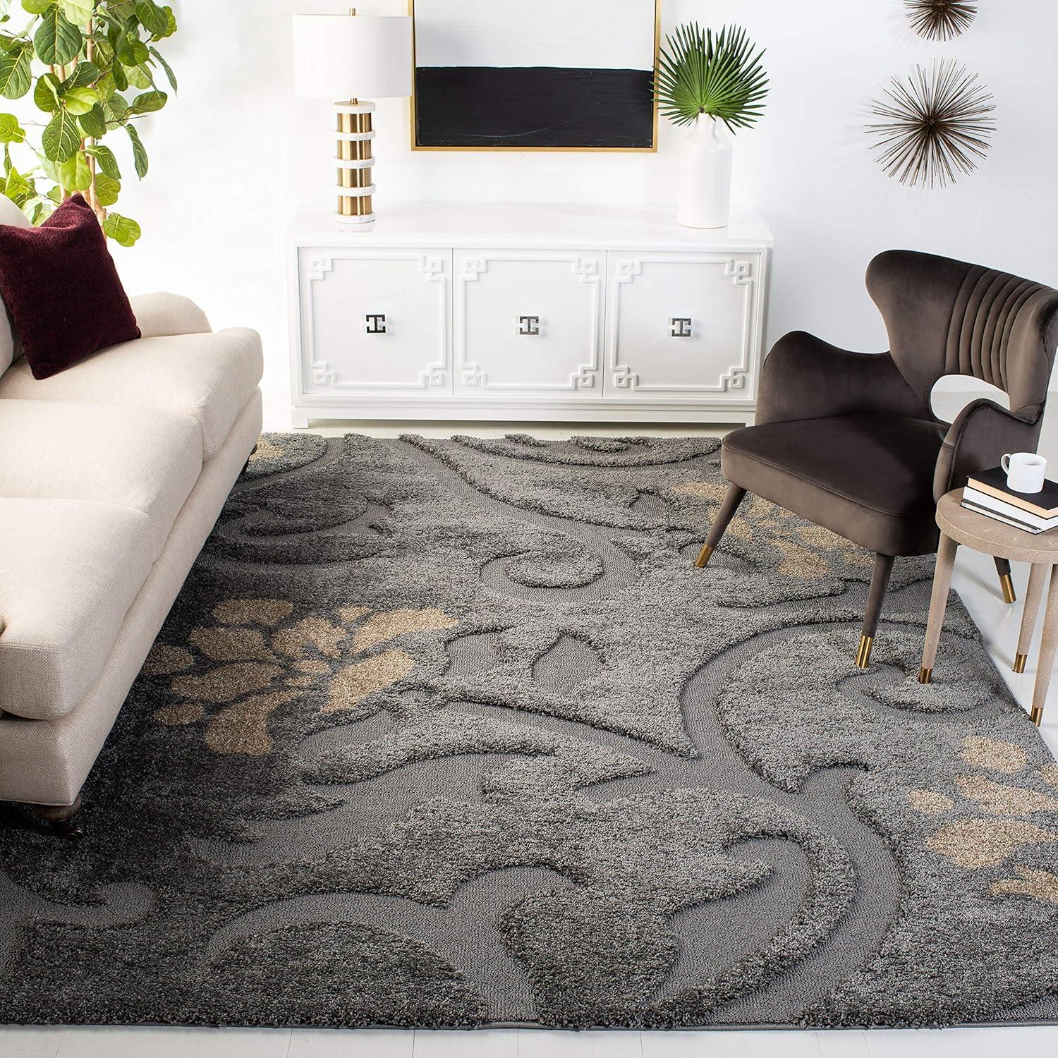 Elegant Grey Beige Floral Synthetic Shag Rug, 5'3" x 7'6"