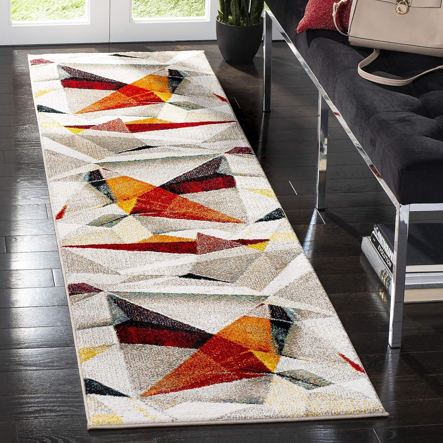 Porcello Light Grey and Orange Abstract Runner Rug