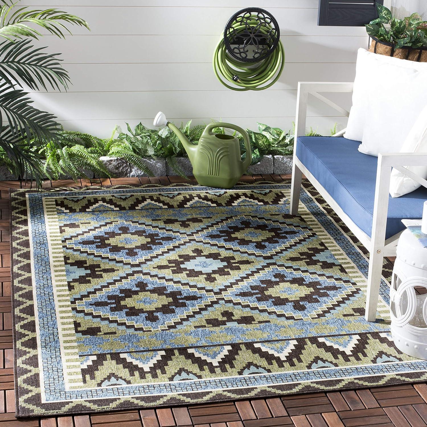 Green and Chocolate Synthetic Floral Indoor/Outdoor Area Rug