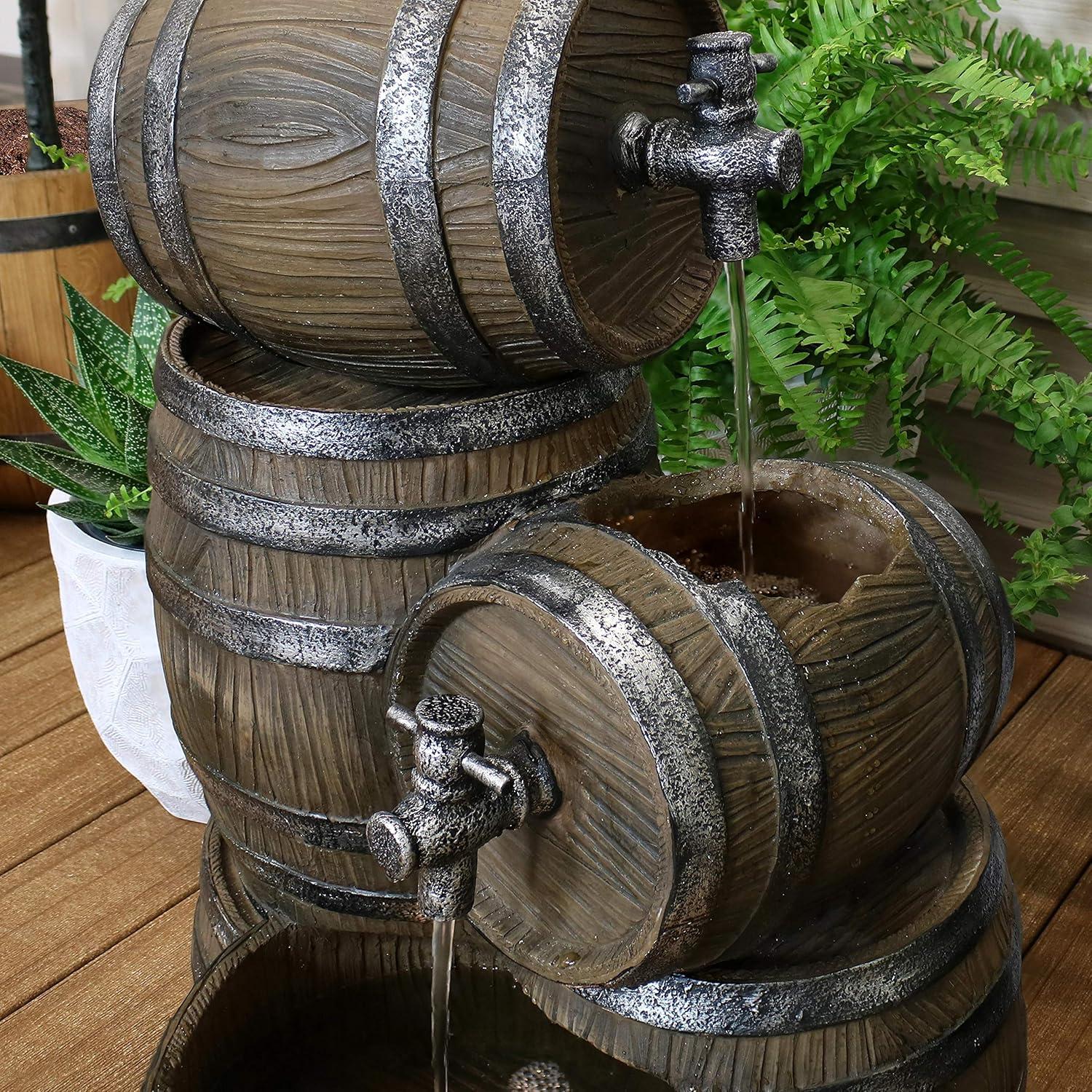 Sunnydaze 29"H Electric Polyresin Stacked Whiskey Barrel Outdoor Water Fountain with LED Lights