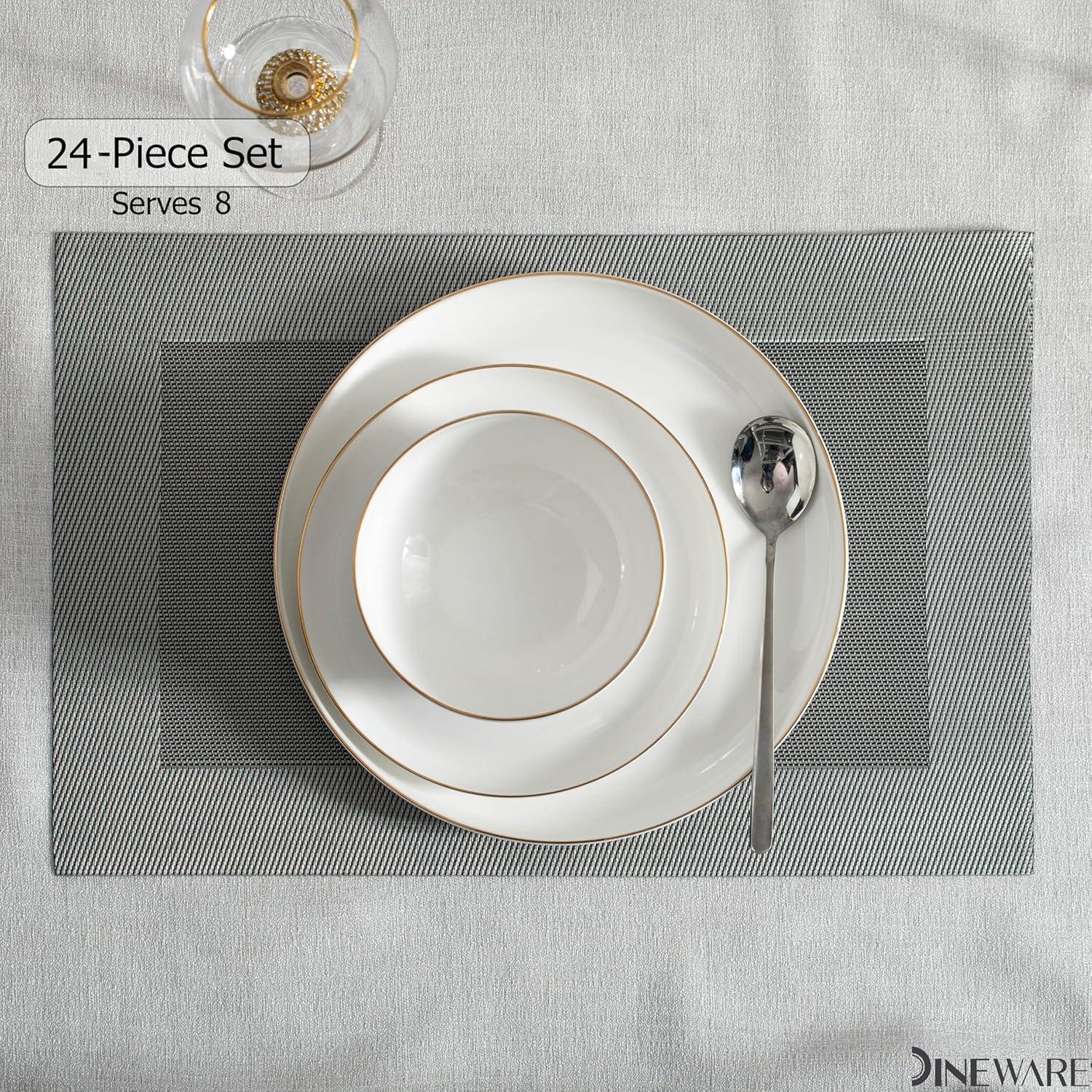 Dinewares White with Gold Rim Bone China Dinnerware Set - Service for 8, Includes Dinner Plates, Salad Plates, and Cereal or Soup Bowls