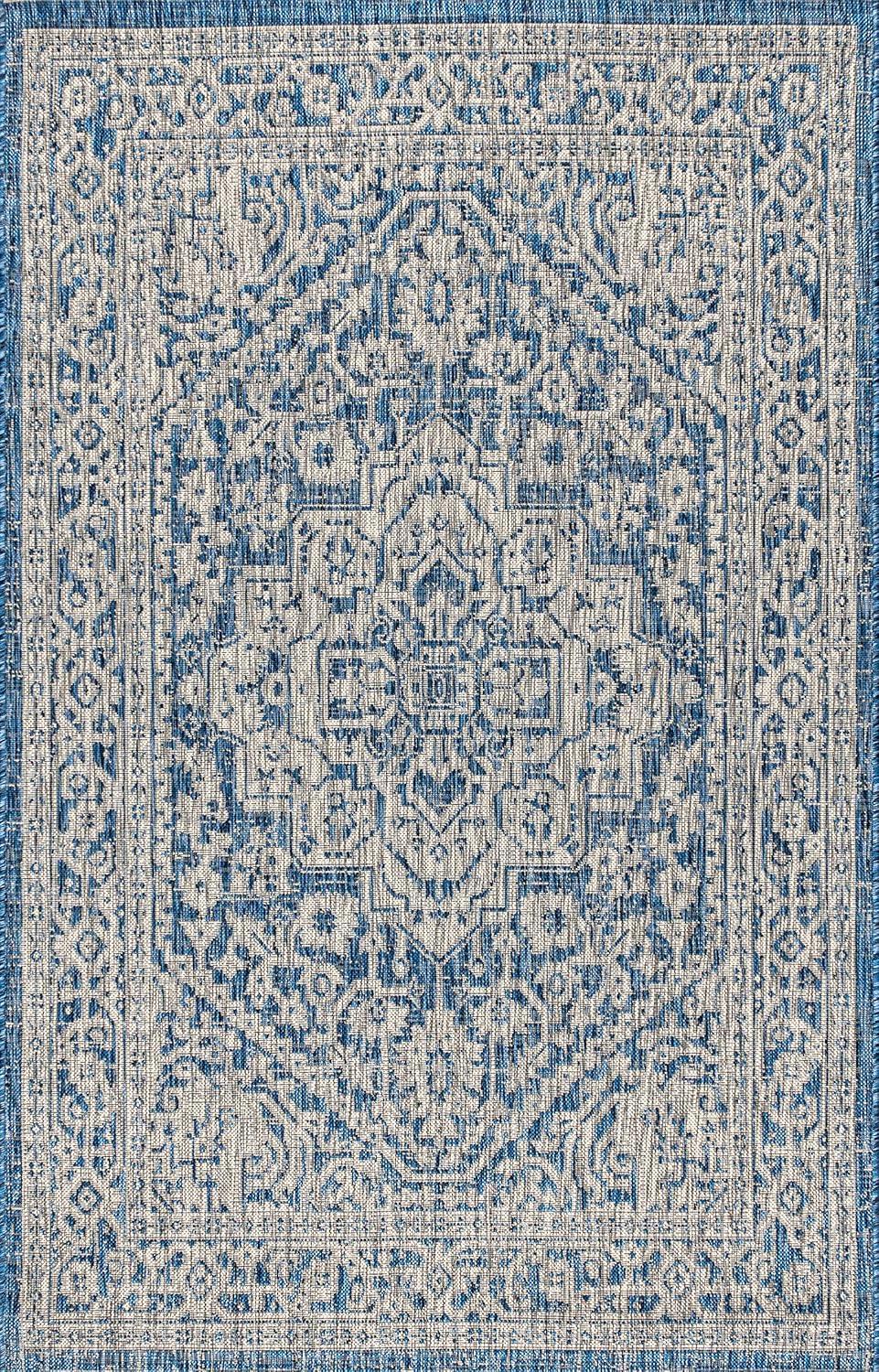 3'x5' Sinjuri Medallion Textured Weave Indoor/Outdoor Area Rug, Navy/Gray - JONATHAN Y