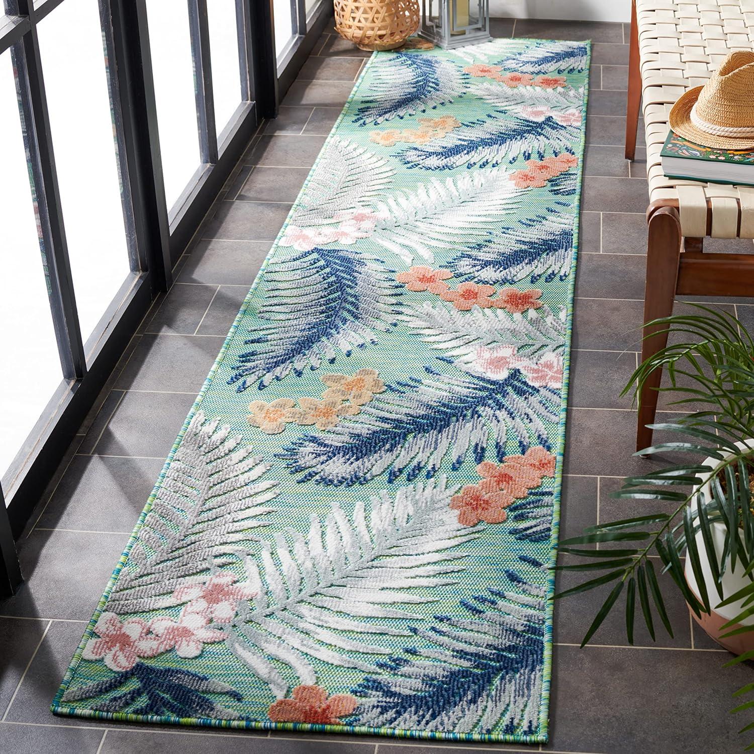 SAFAVIEH Cabana Kade Indoor/Outdoor Runner Rug, Green/Navy, 2' x 9'