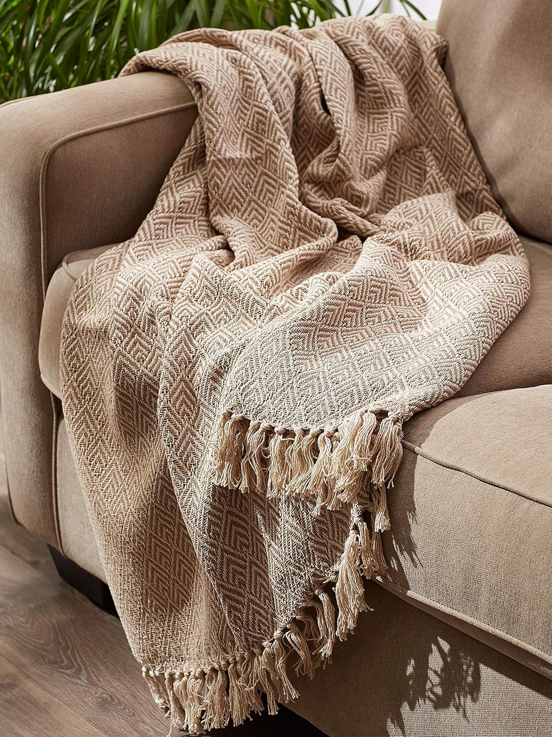 50"x60" Diamond Throw Blanket Stone Brown - Design Imports: Hypoallergenic, Midweight Cotton, Machine Washable