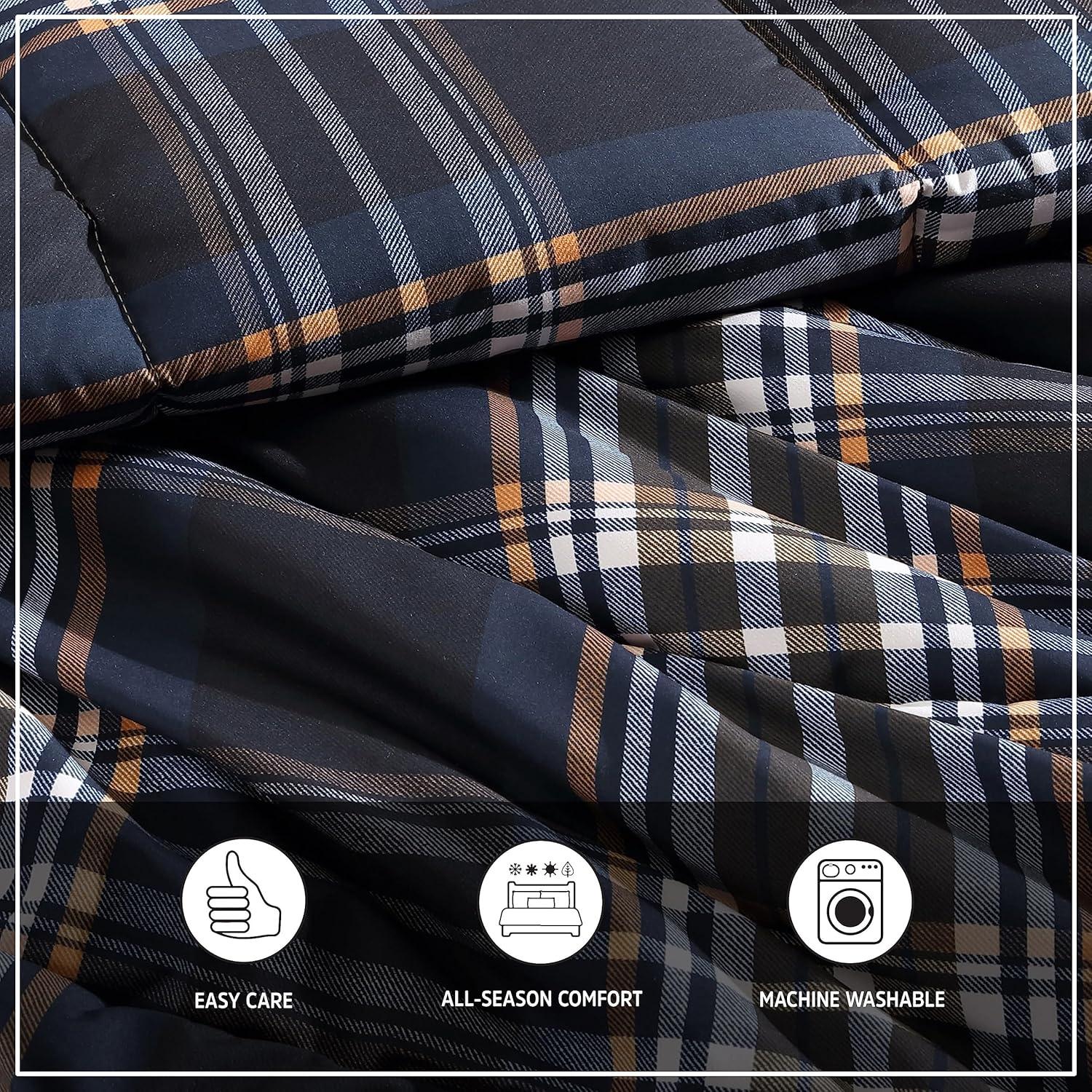 Navy Plaid Microfiber Queen Duvet Cover Set with Shams