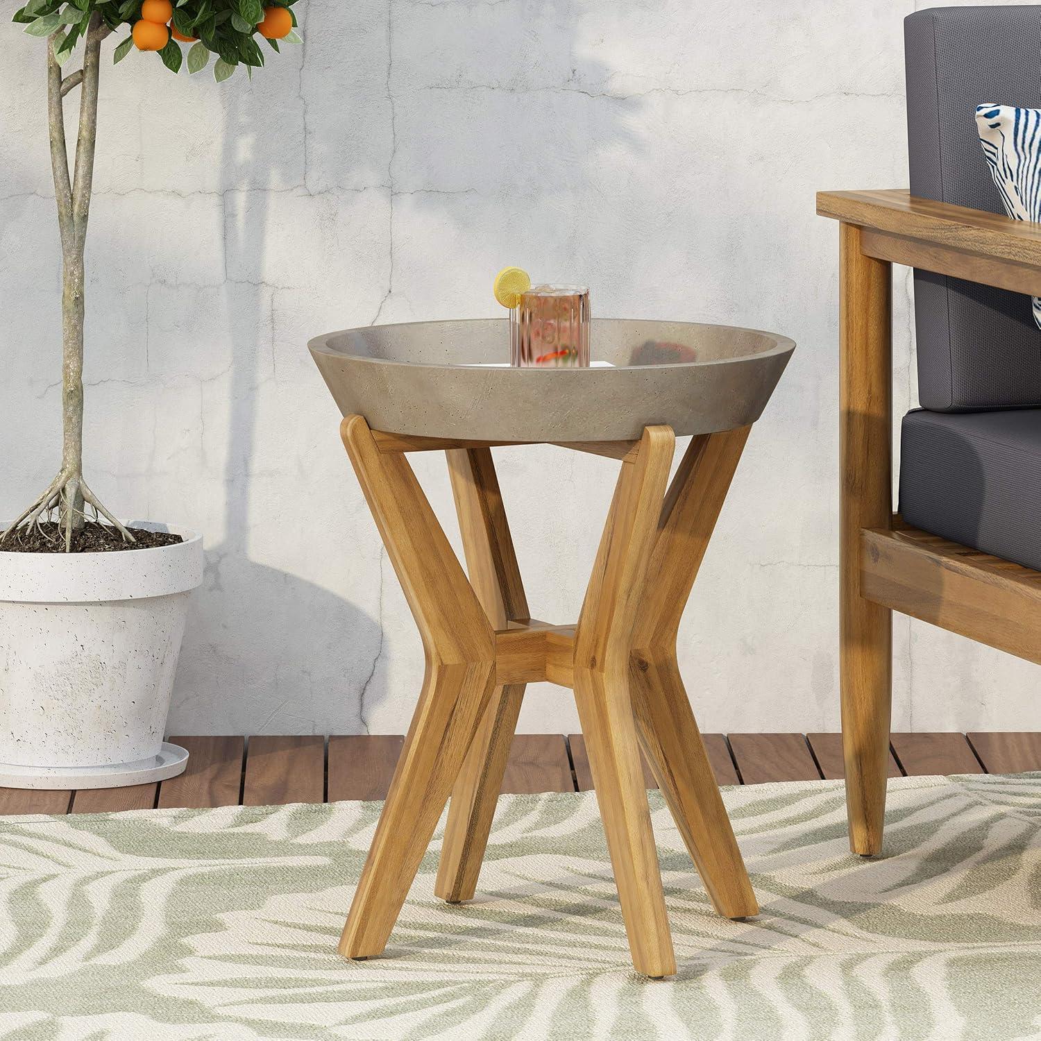 Yukon Patio Side Table - Teak/Light Gray - Christopher Knight Home: Acacia Wood Frame, Round Concrete Top