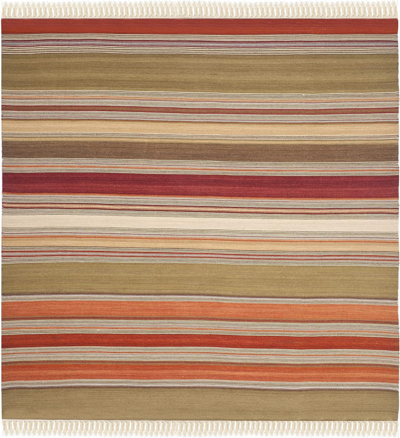 Southwestern Vibe Red Stripe Handwoven Wool 7' Square Rug