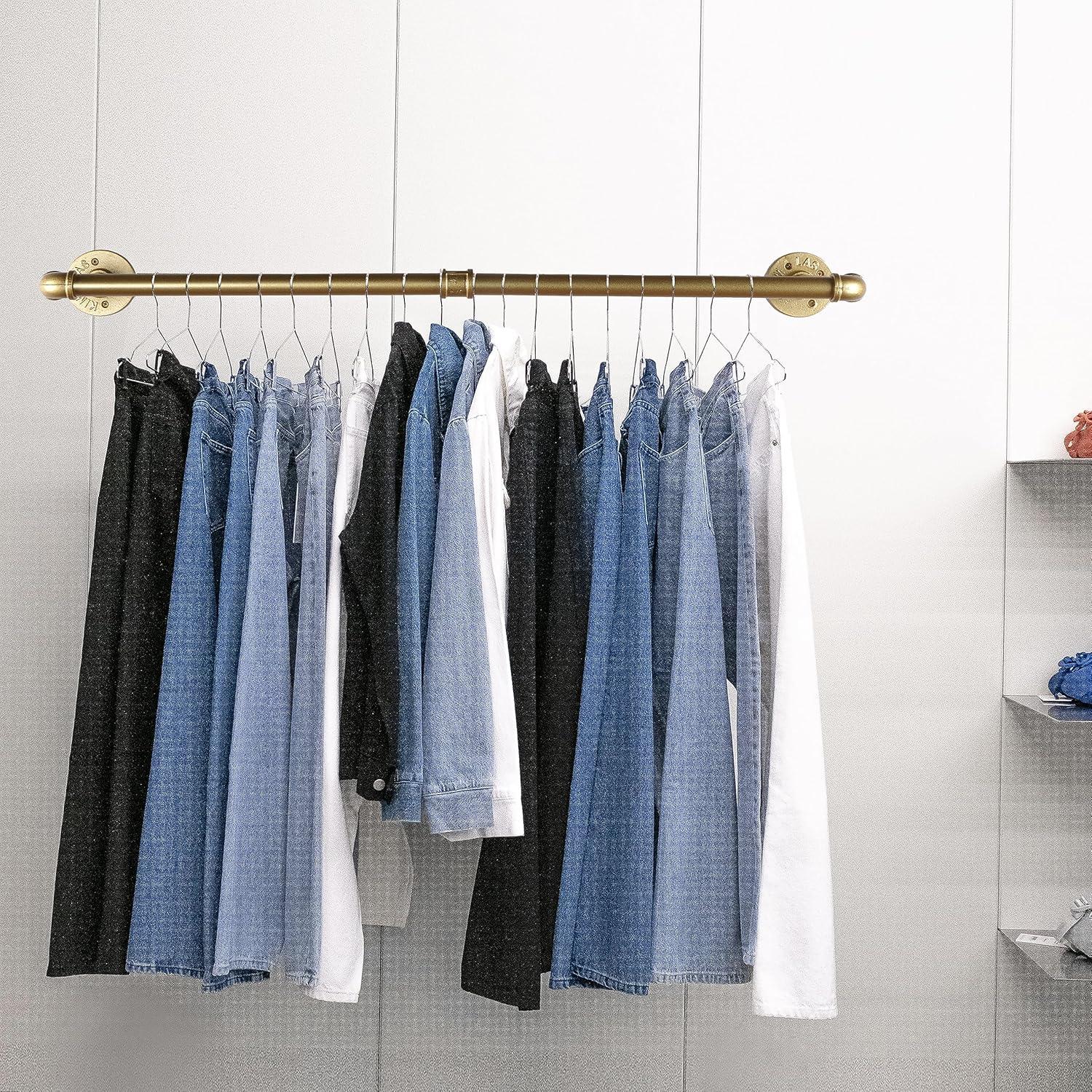 AddGrace 2 Pack Industrial Pipe Clothes Rack Gold Wall Mounted Clothing Rack for Hanging Clothes 34.5 Inch Multi-Purpose Garment Bar for Wardrobe and Laundry Room