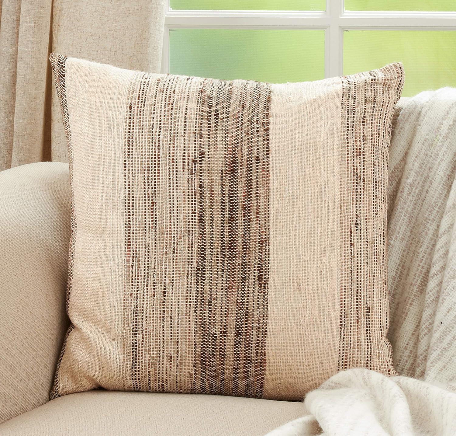 Beige and Brown Banded Cotton Square Throw Pillow with Down Filling