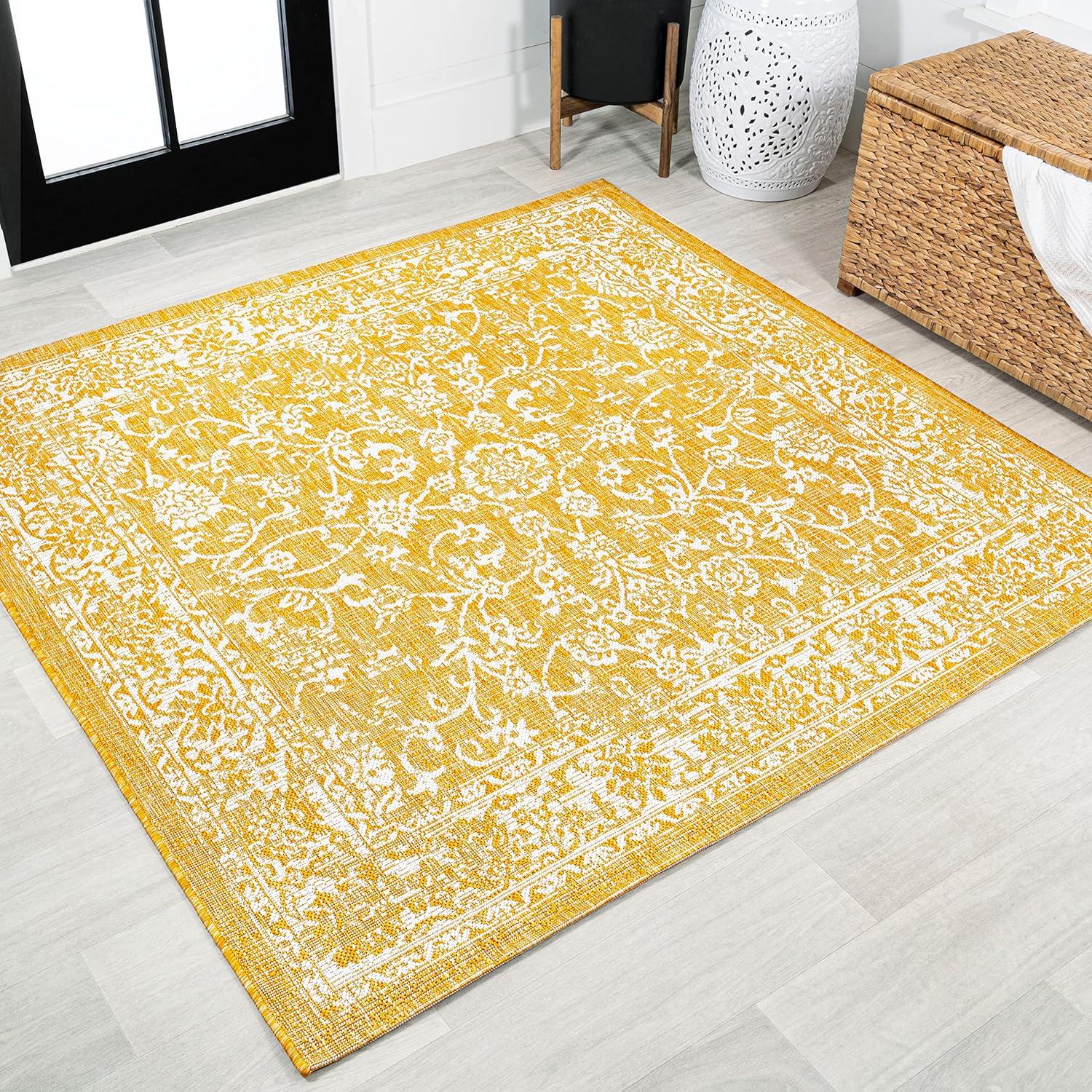 Bohemian Bliss Yellow/Cream Floral Square Indoor/Outdoor Rug