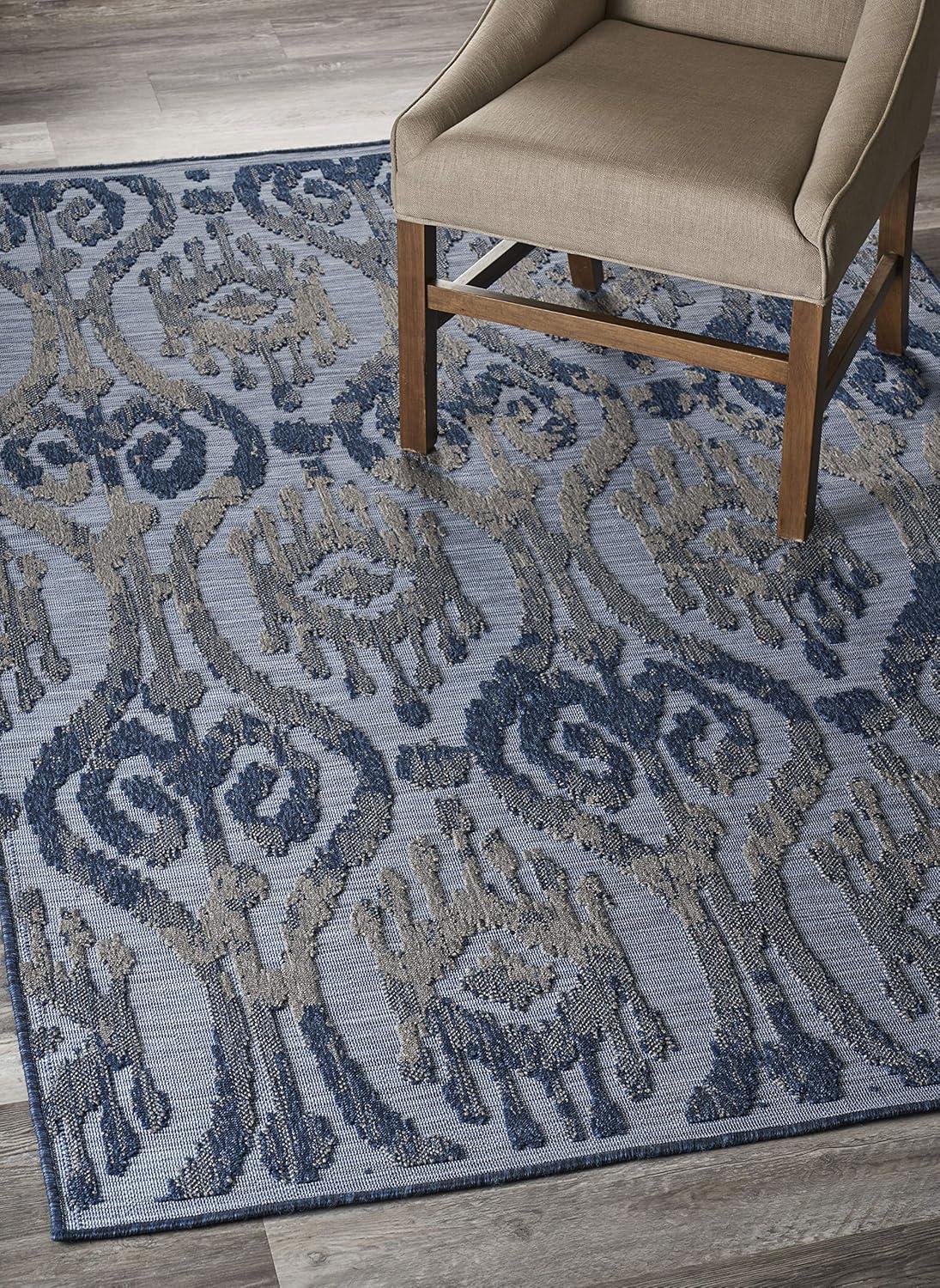 LR Home Reese 7'9" x 9'9", Blue/Gray Ikat Fade, Stain, and Moisture Resistant Indoor/Outdoor Area Rug