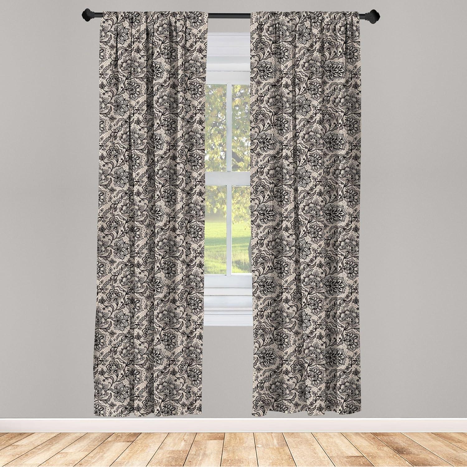 Ambesonne Ambesonne Gothic 2 Panel Curtain Set, Abstract Graphic Lace Pattern With Flowers Butterflies Old Fashioned Nature Inspired, Lightweight Window Treatment Living Room Bedroom Decor, 56" X 63", Tan Black (Set of 2)
