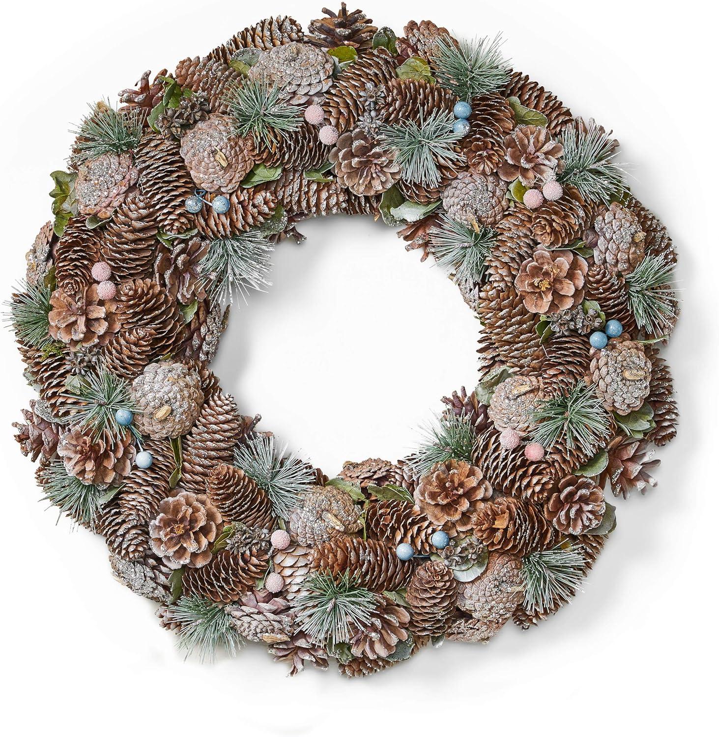 Christopher Knight Home Modern 18.5" Pine Cone and Glitter Artificial Christmas Wreath, Natural and White by