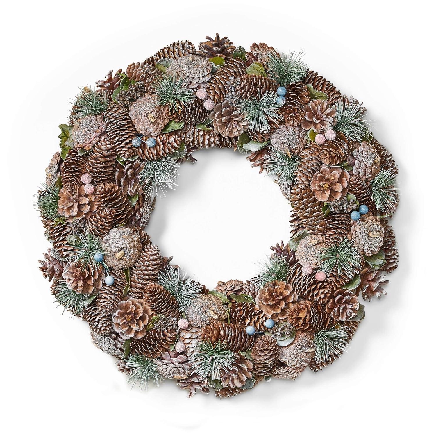 Christopher Knight Home Modern 18.5" Pine Cone and Glitter Artificial Christmas Wreath, Natural and White by