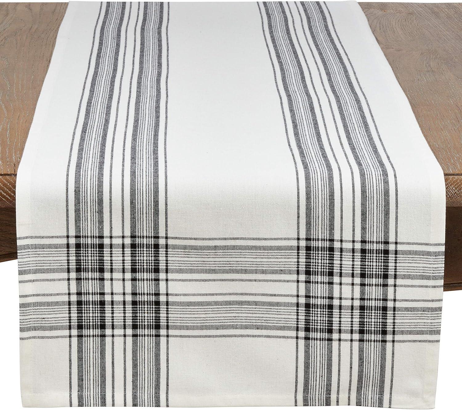 Cream and Black Cotton Plaid Table Runner, 16" x 72"