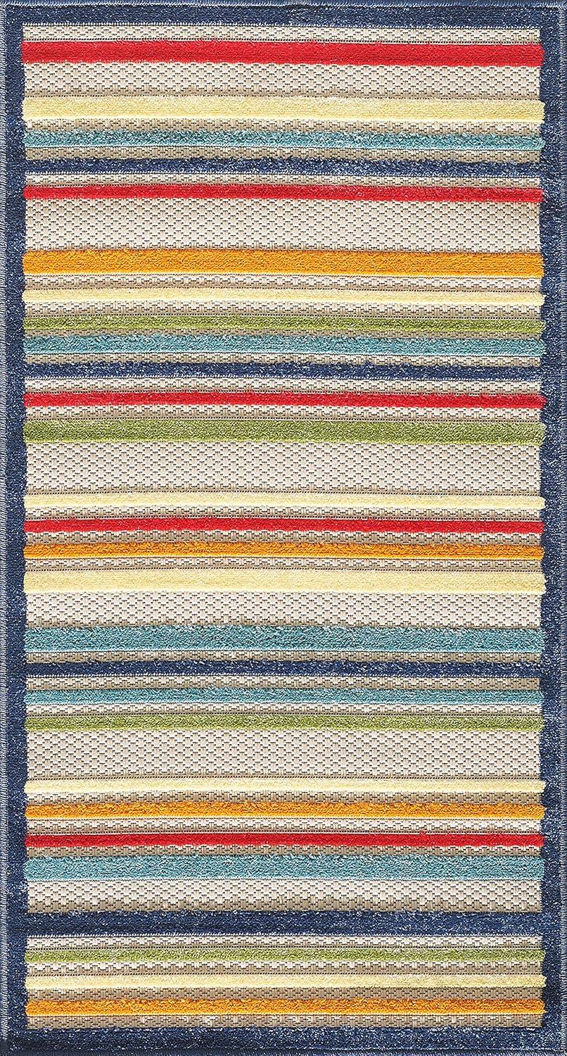 Ivory and Multicolor Striped Synthetic Medium Rug